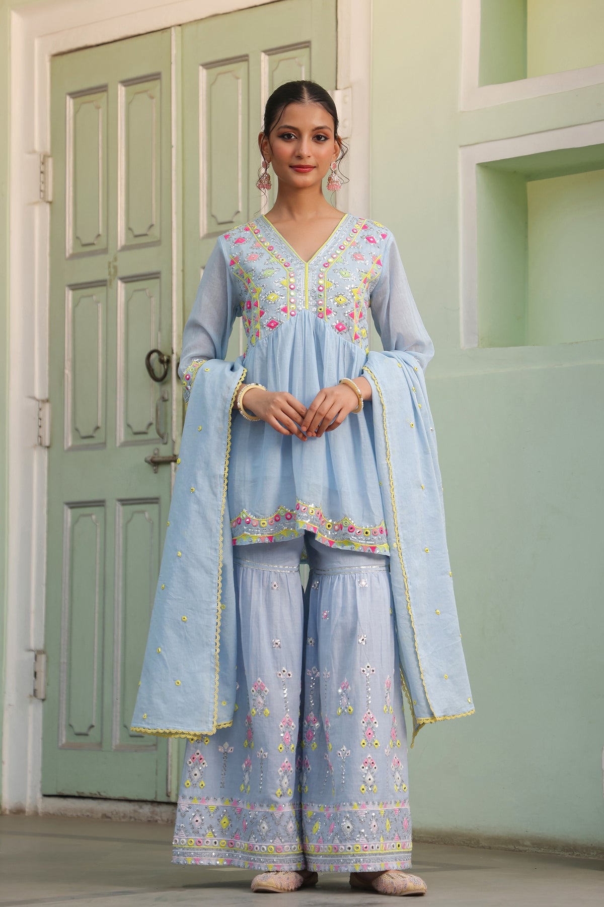 Powder Blue Mulmul Mirror & Sequin Embroidered Peplum Kurta Sharara & Dupatta Set
