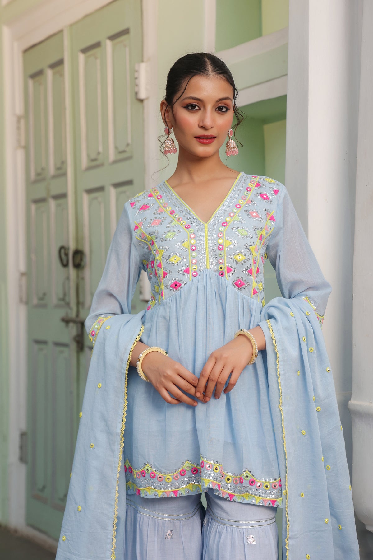 Powder Blue Mulmul Mirror & Sequin Embroidered Peplum Kurta Sharara & Dupatta Set