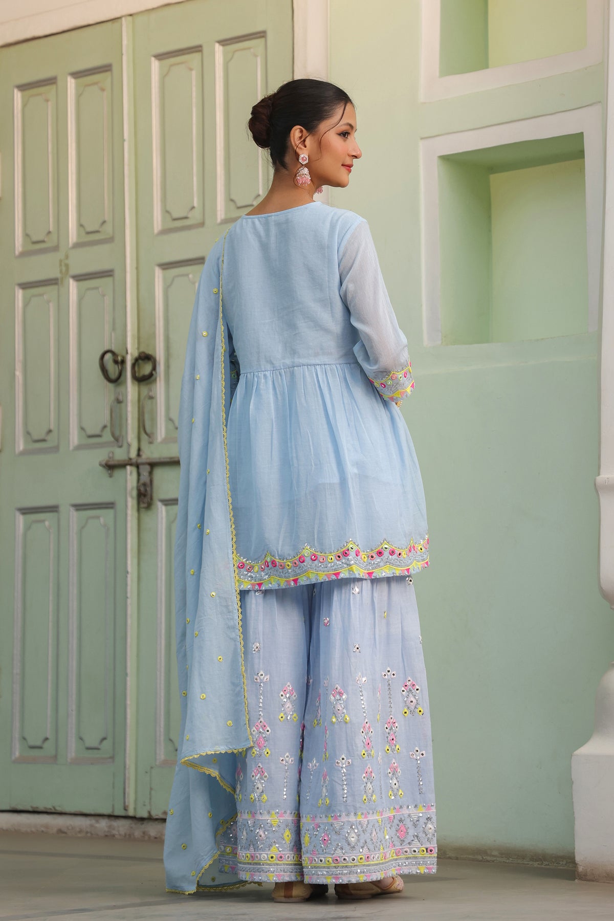 Powder Blue Mulmul Mirror & Sequin Embroidered Peplum Kurta Sharara & Dupatta Set