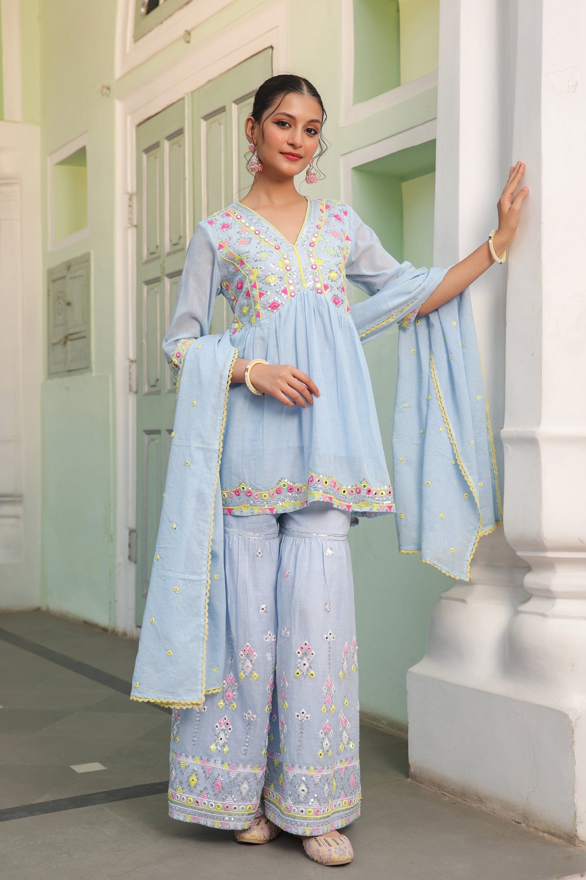 Powder Blue Mulmul Mirror & Sequin Embroidered Peplum Kurta Sharara & Dupatta Set