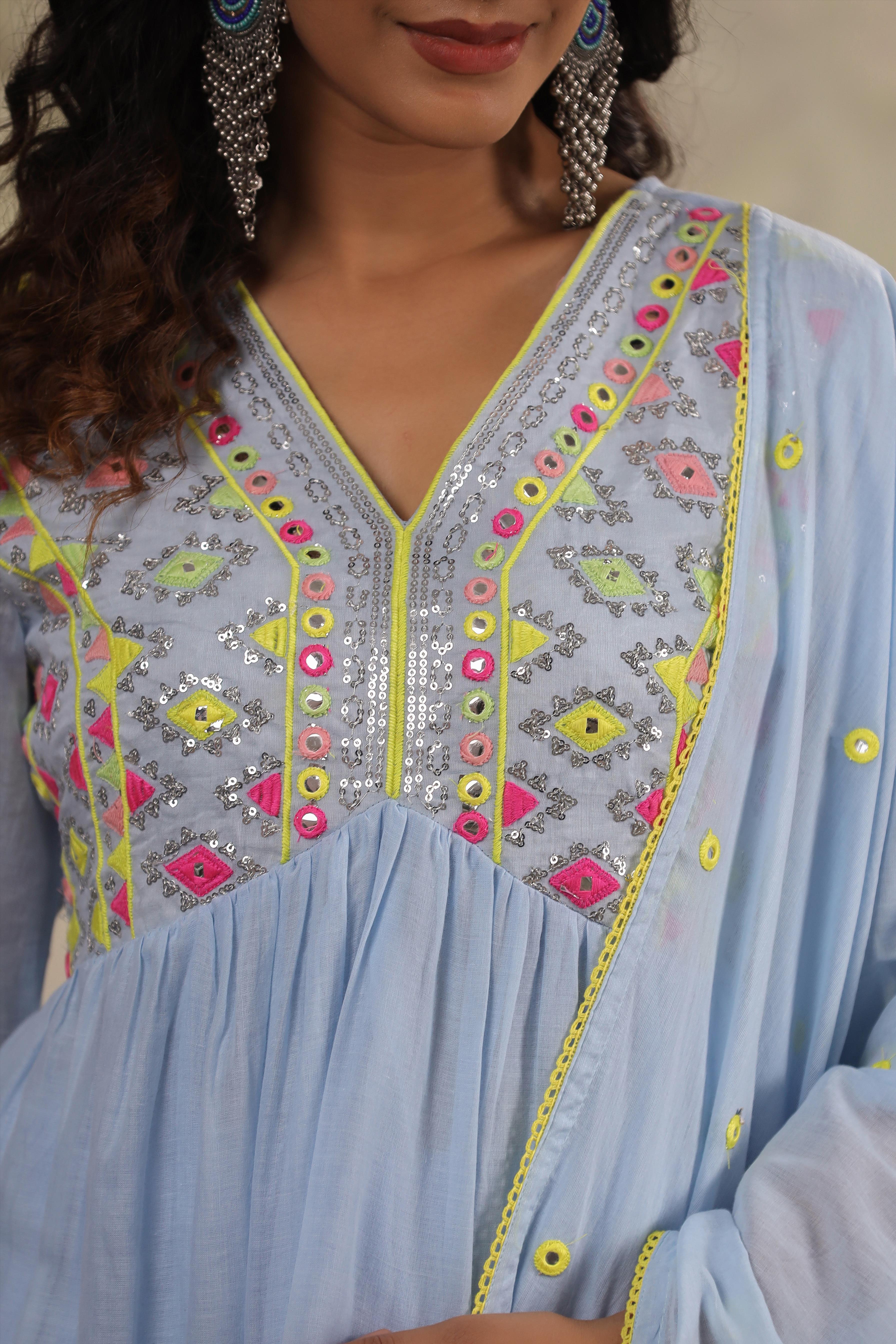 Powder Blue Mulmul Mirror & Sequin Embroidered Peplum Kurta Sharara & Dupatta Set