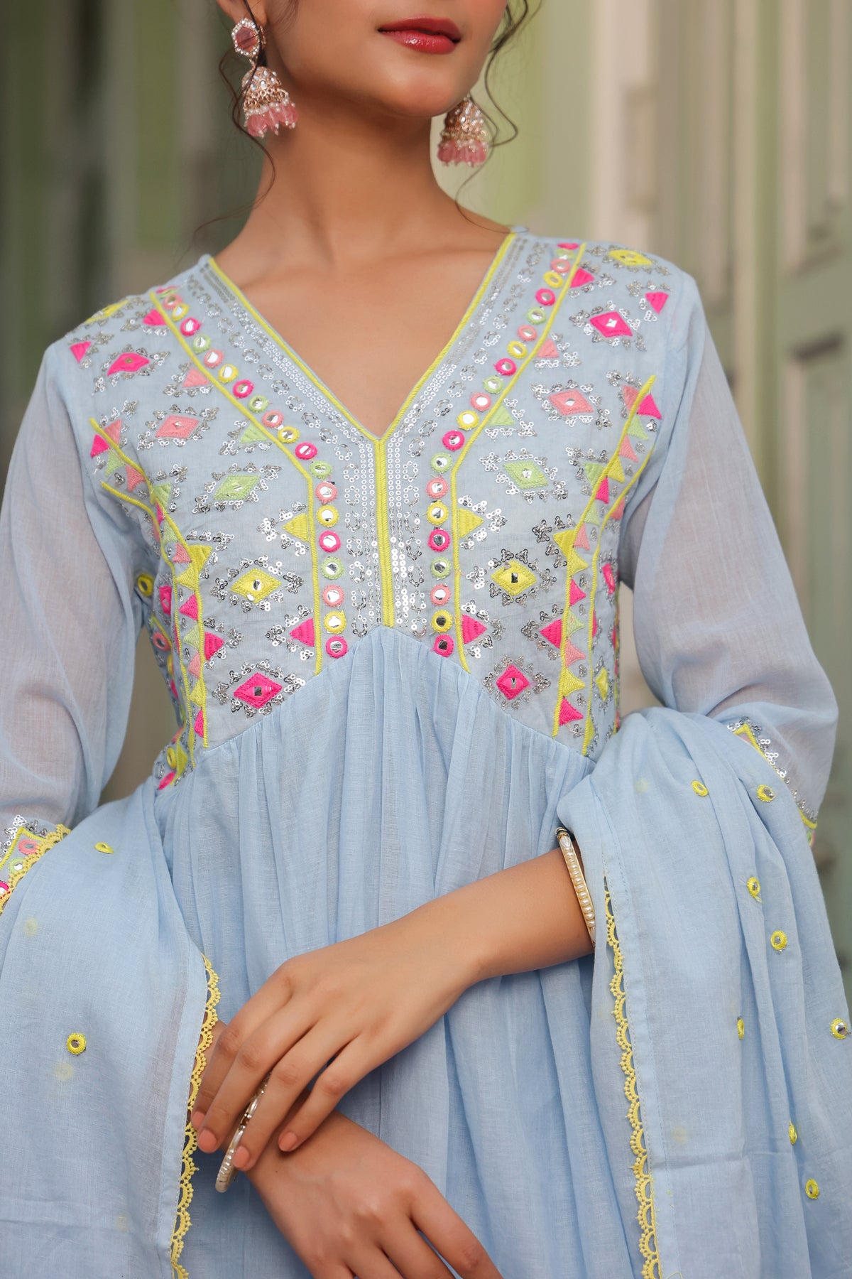 Powder Blue Mulmul Mirror & Sequin Embroidered Peplum Kurta Sharara & Dupatta Set
