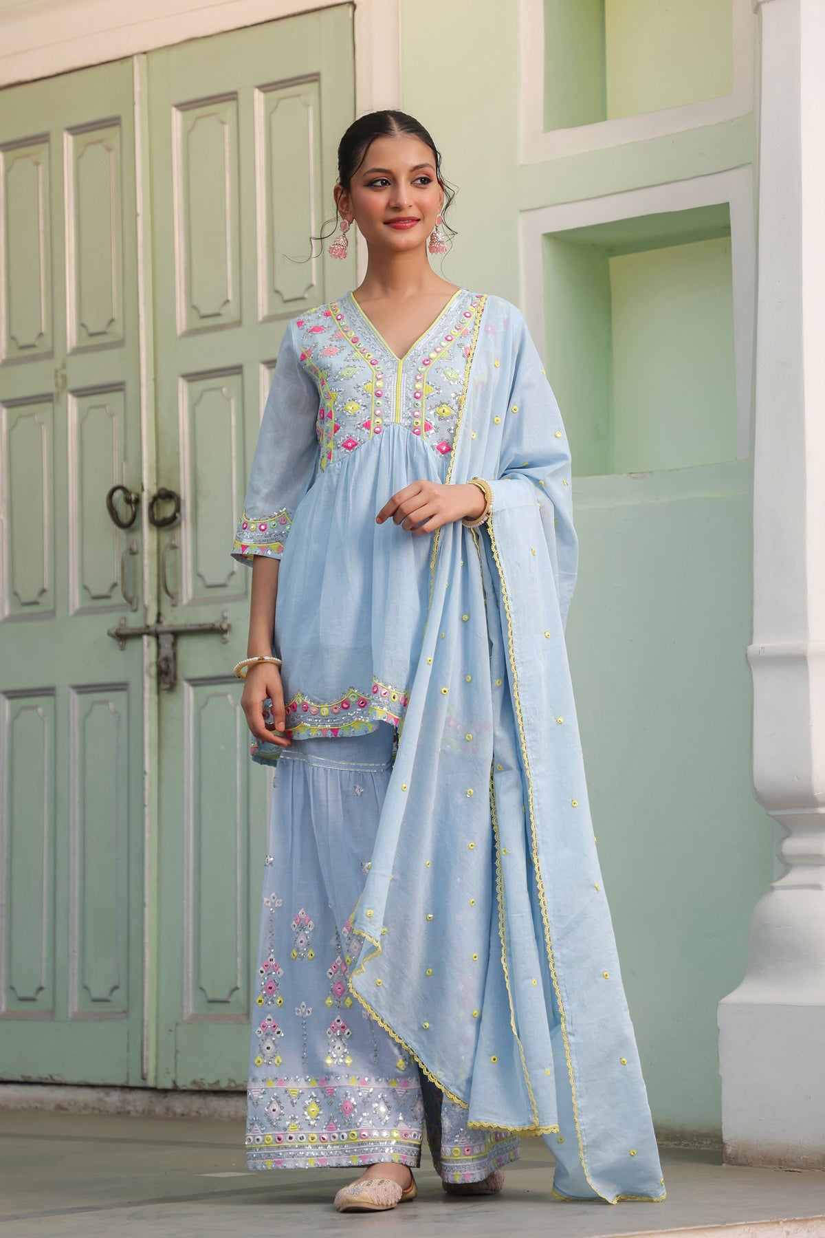 Powder Blue Mulmul Mirror & Sequin Embroidered Peplum Kurta Sharara & Dupatta Set