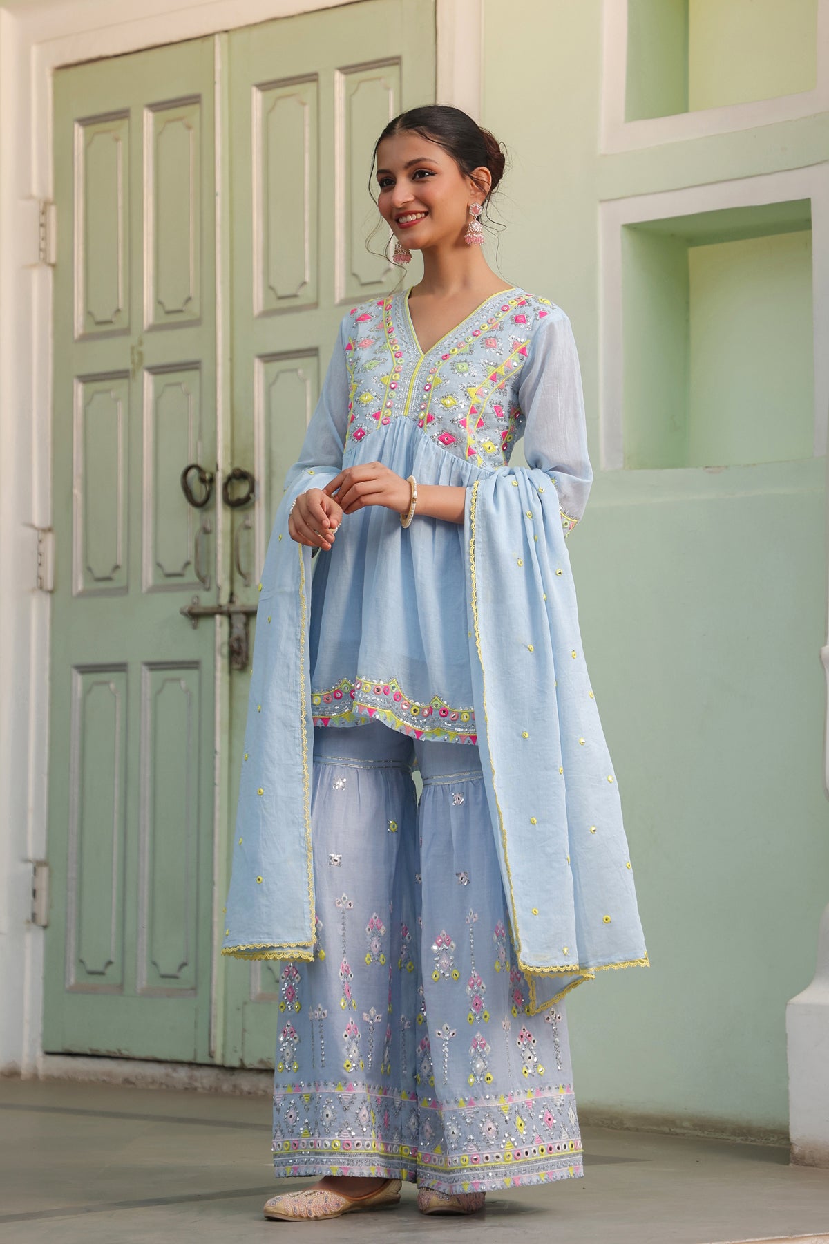 Powder Blue Mulmul Mirror & Sequin Embroidered Peplum Kurta Sharara & Dupatta Set