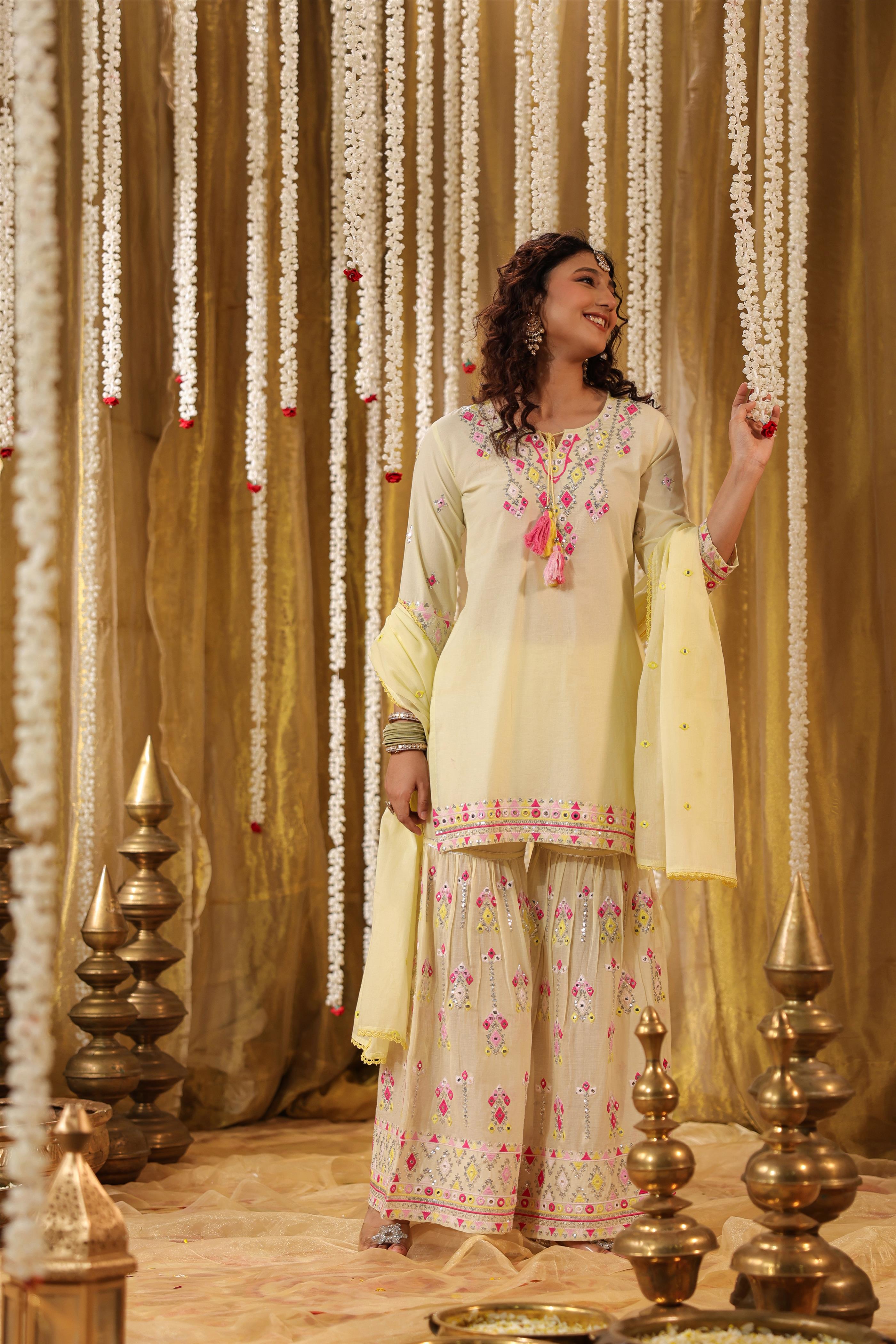 Yellow Mulmul Mirror & Sequin Embroidered Kurta Sharara & Dupatta Set