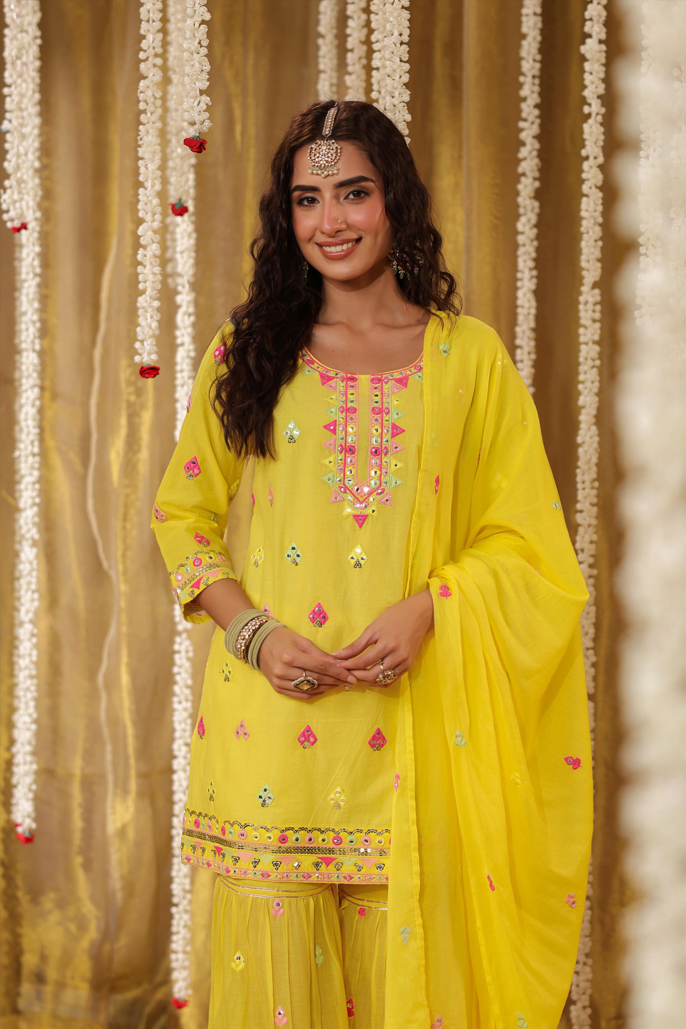 Yellow Cotton Multicolor Mirror & Sequin Embroidery Sharara Set