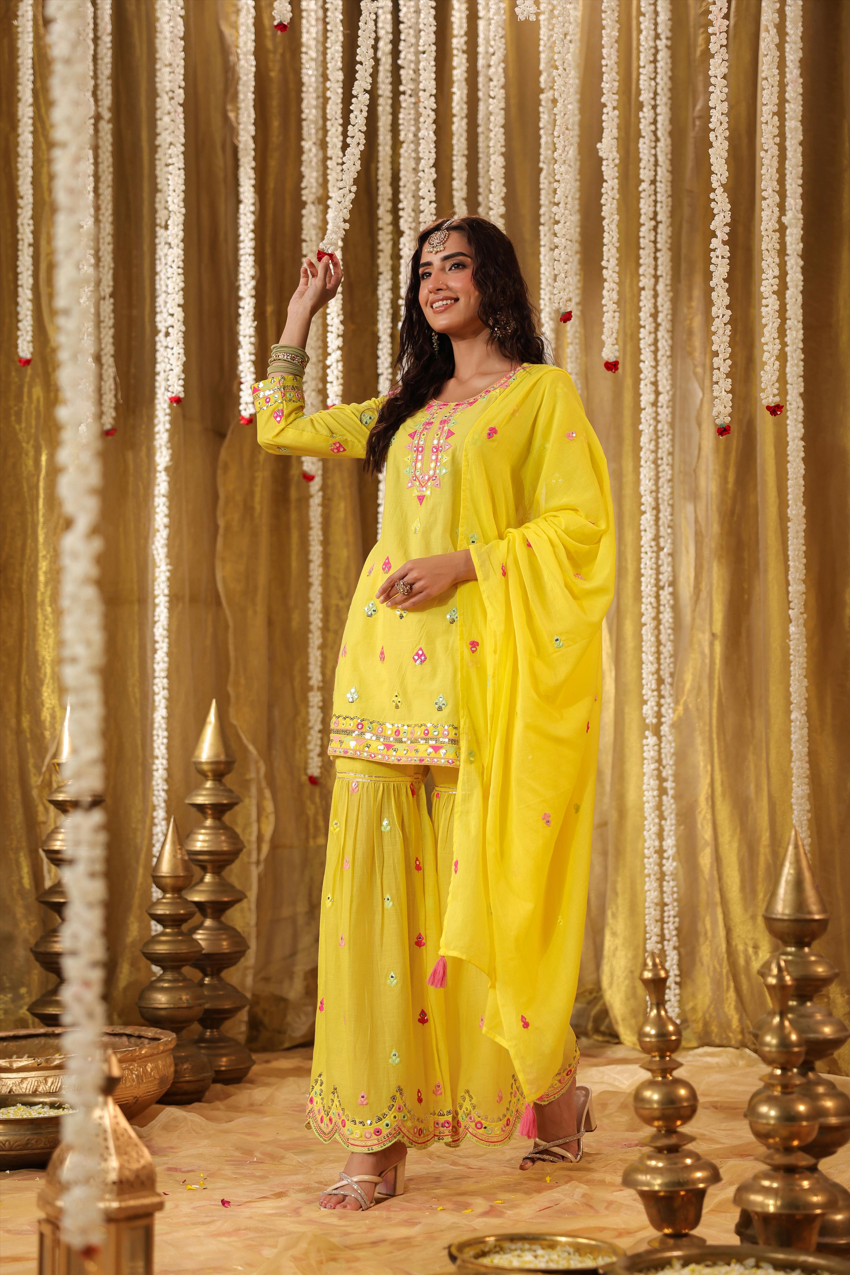 Yellow Cotton Multicolor Mirror & Sequin Embroidery Sharara Set