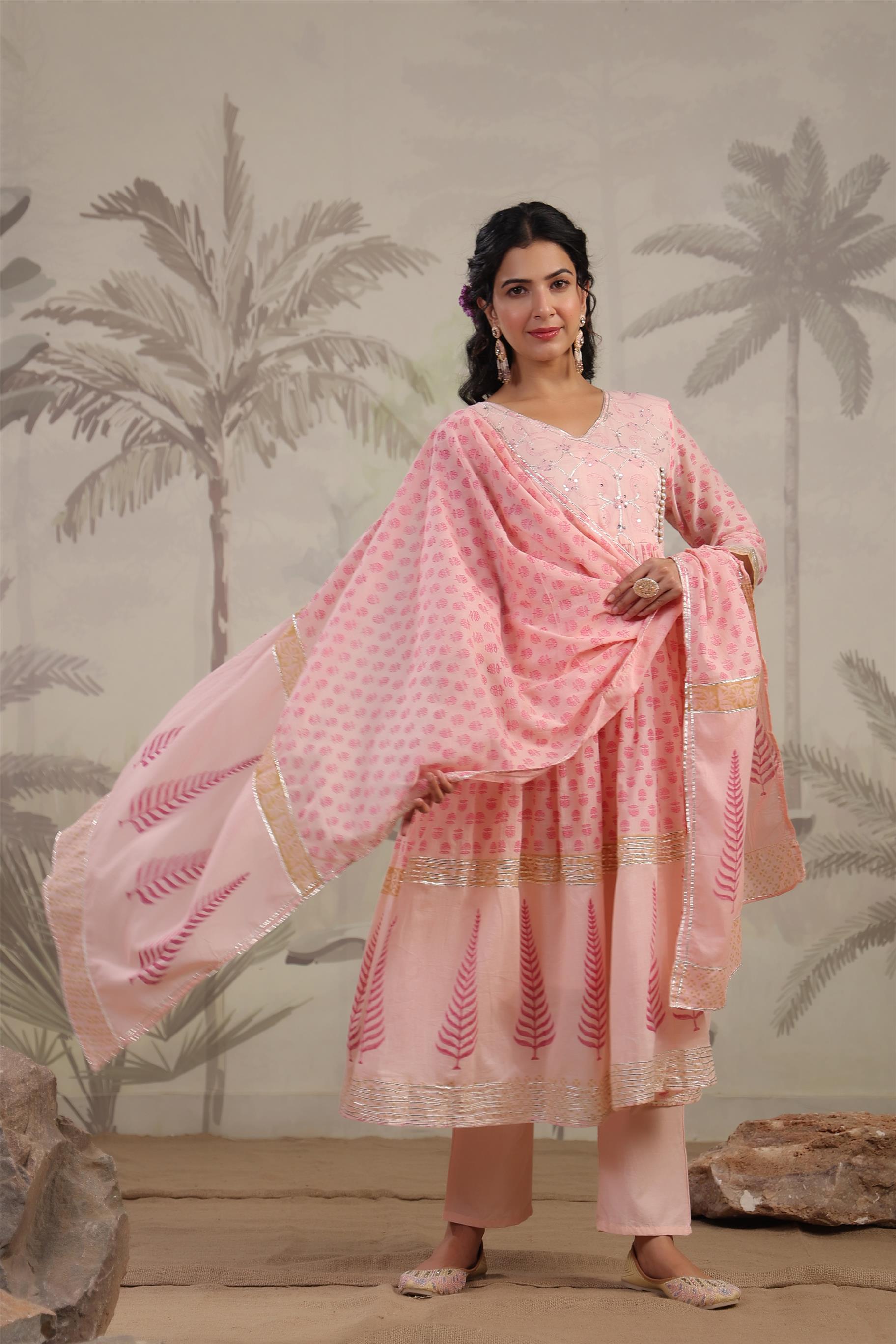 Peach Block Printed Handworked Anarkali Suit Set