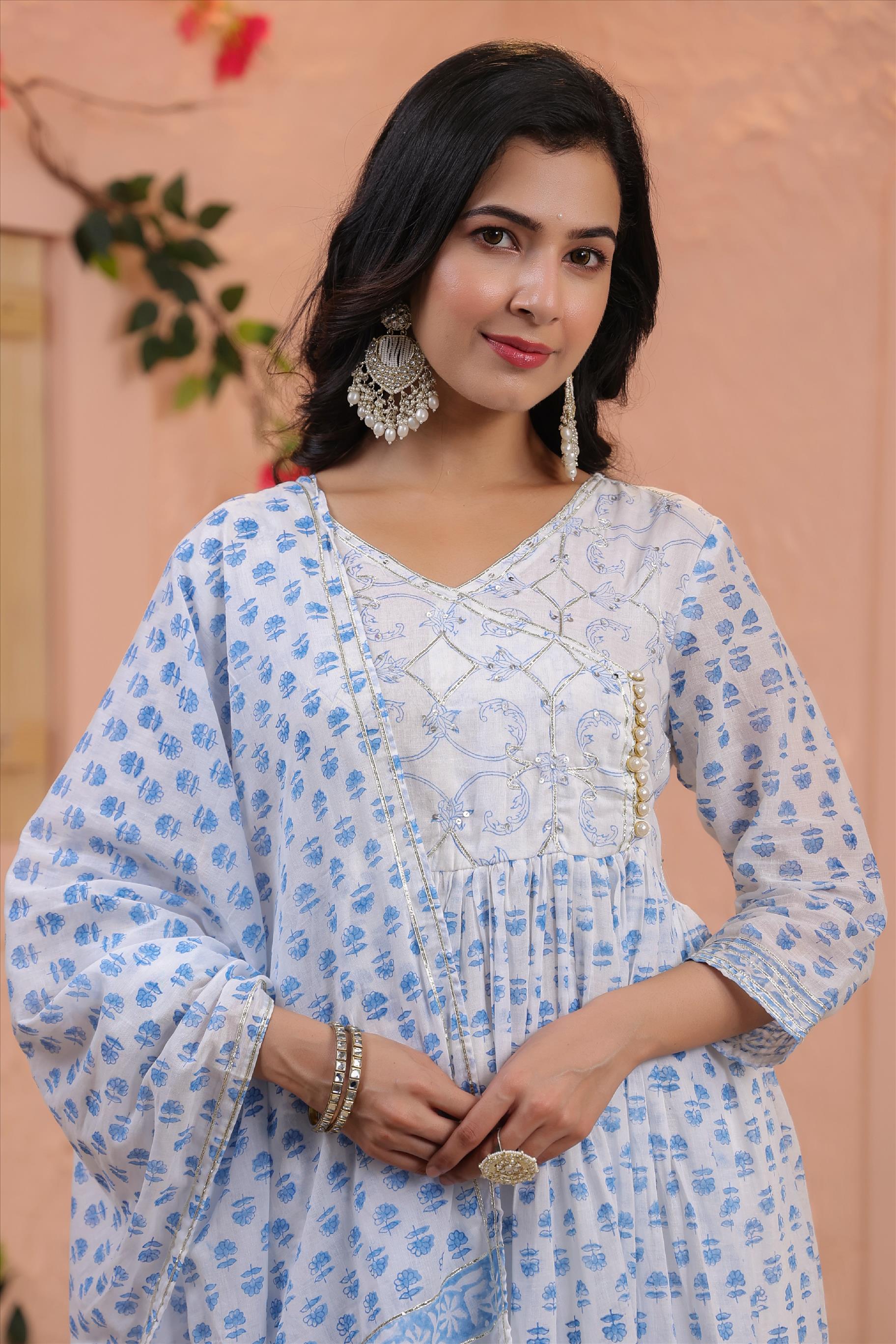 White Hand-Block Printed Handworked Anarkali Suit Set With Dupatta
