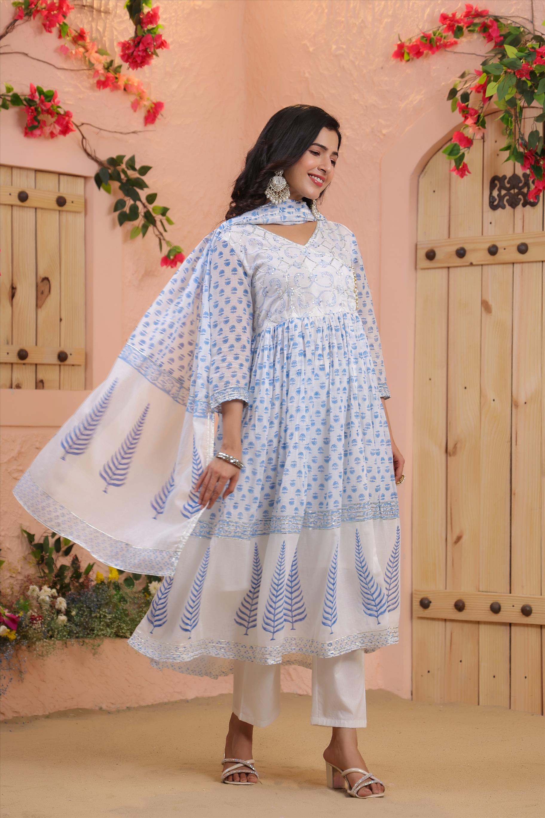 White Hand-Block Printed Handworked Anarkali Suit Set With Dupatta