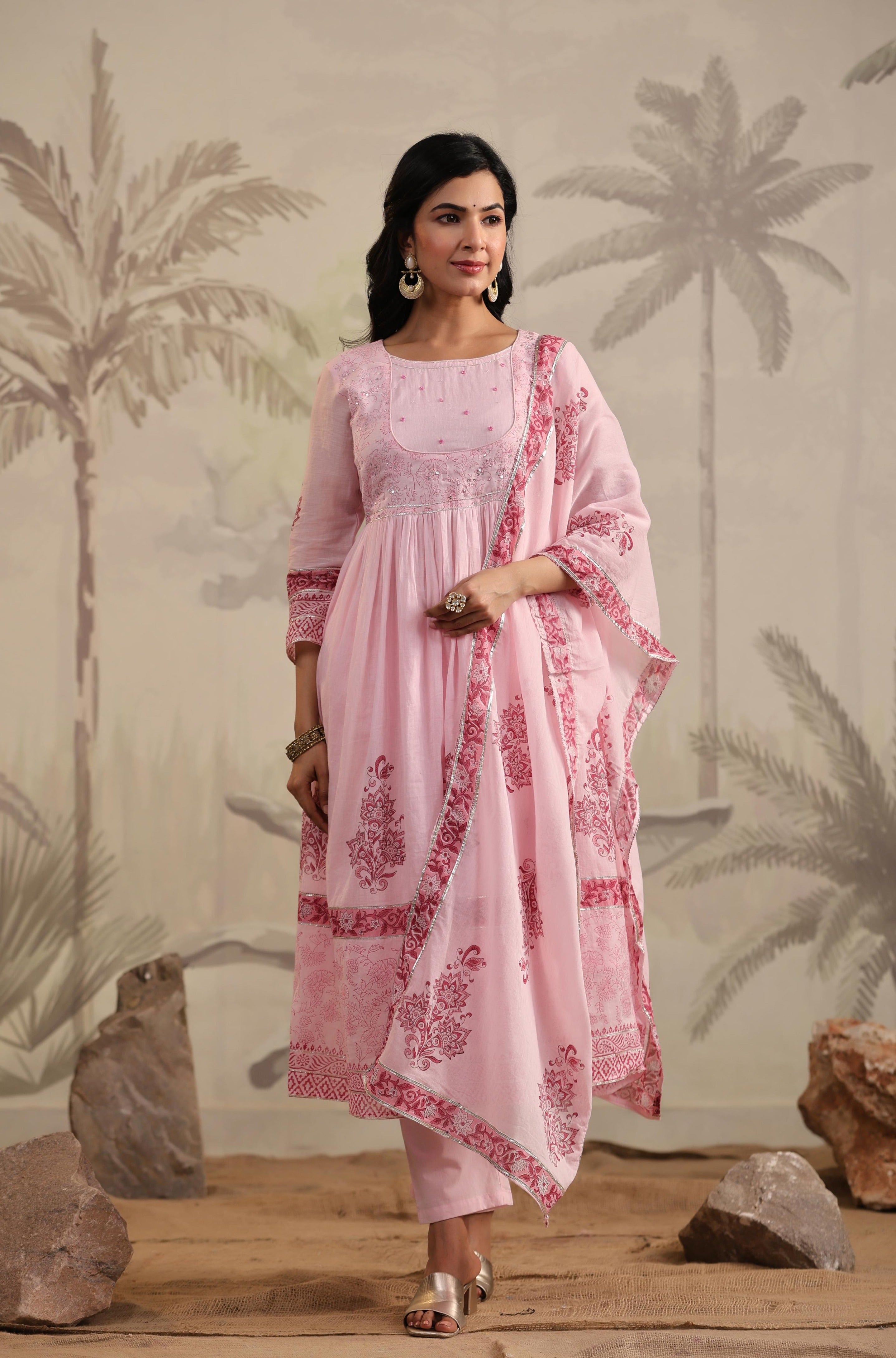 Pink Block Printed Gathered Anarkali Suit Set