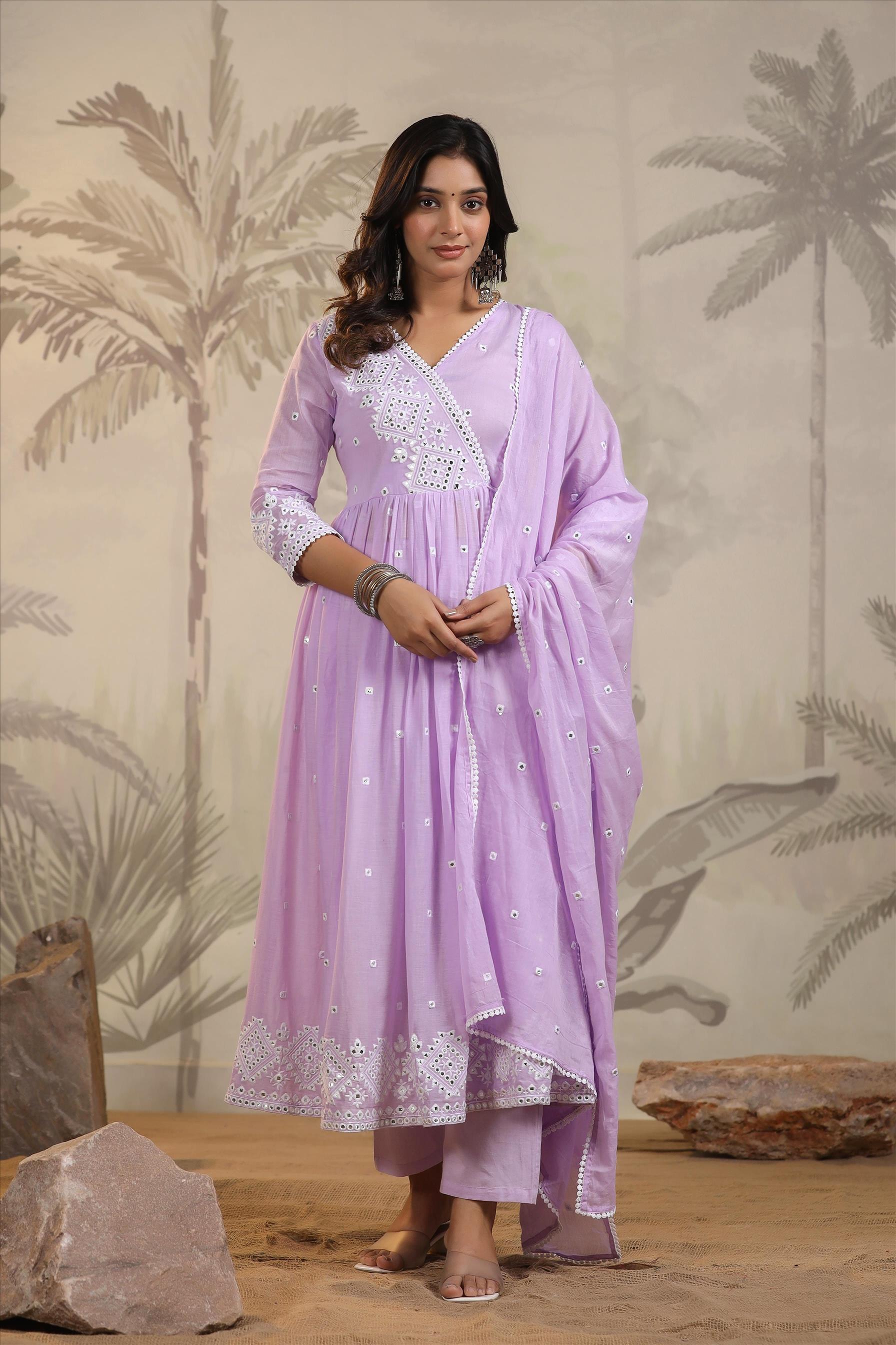 Lavender Mulmul Mirror Embroidered Angrakha Suit Set