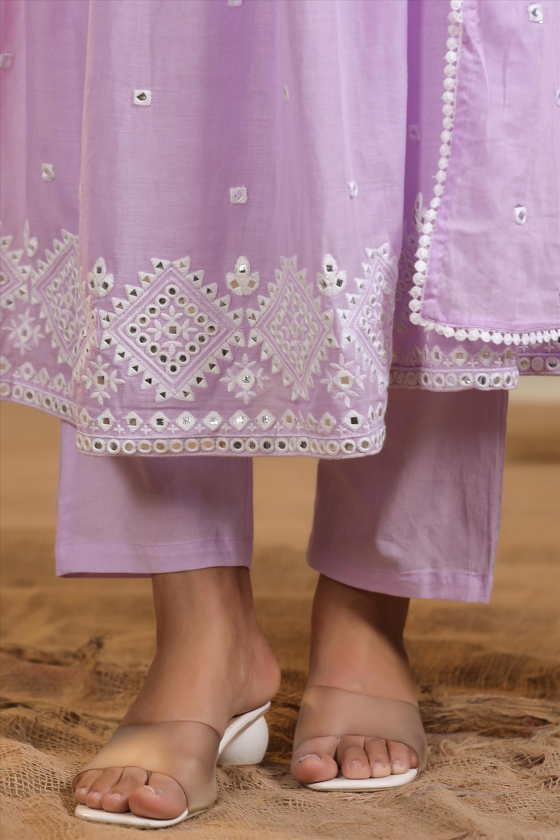 Lavender Mulmul Mirror Embroidered Angrakha Suit Set