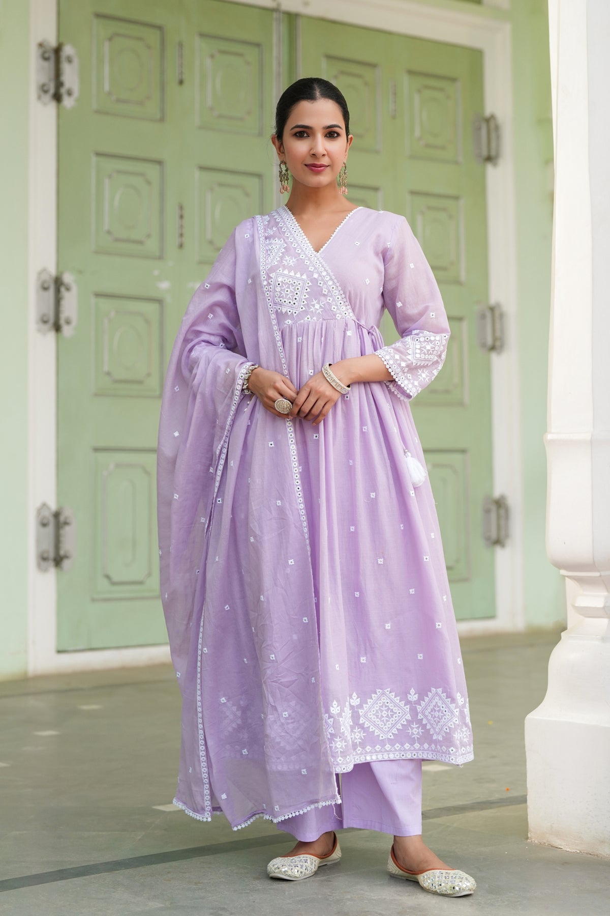 Lavender Mulmul Mirror Embroidered Angrakha Suit Set