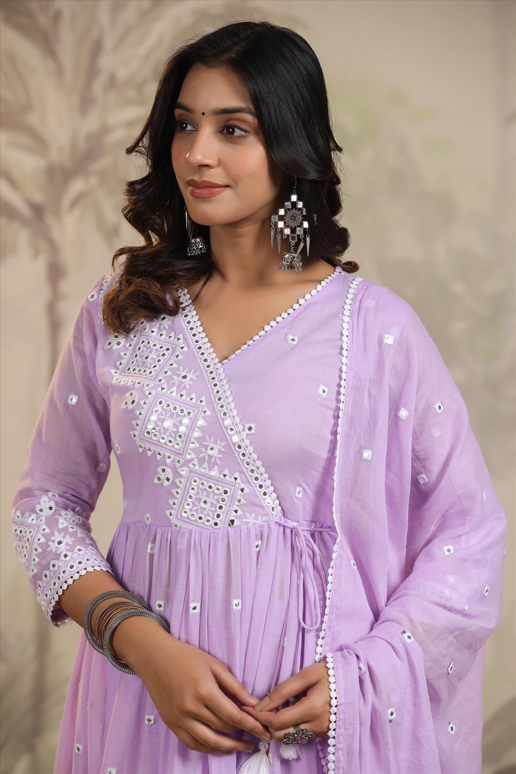 Lavender Mulmul Mirror Embroidered Angrakha Suit Set