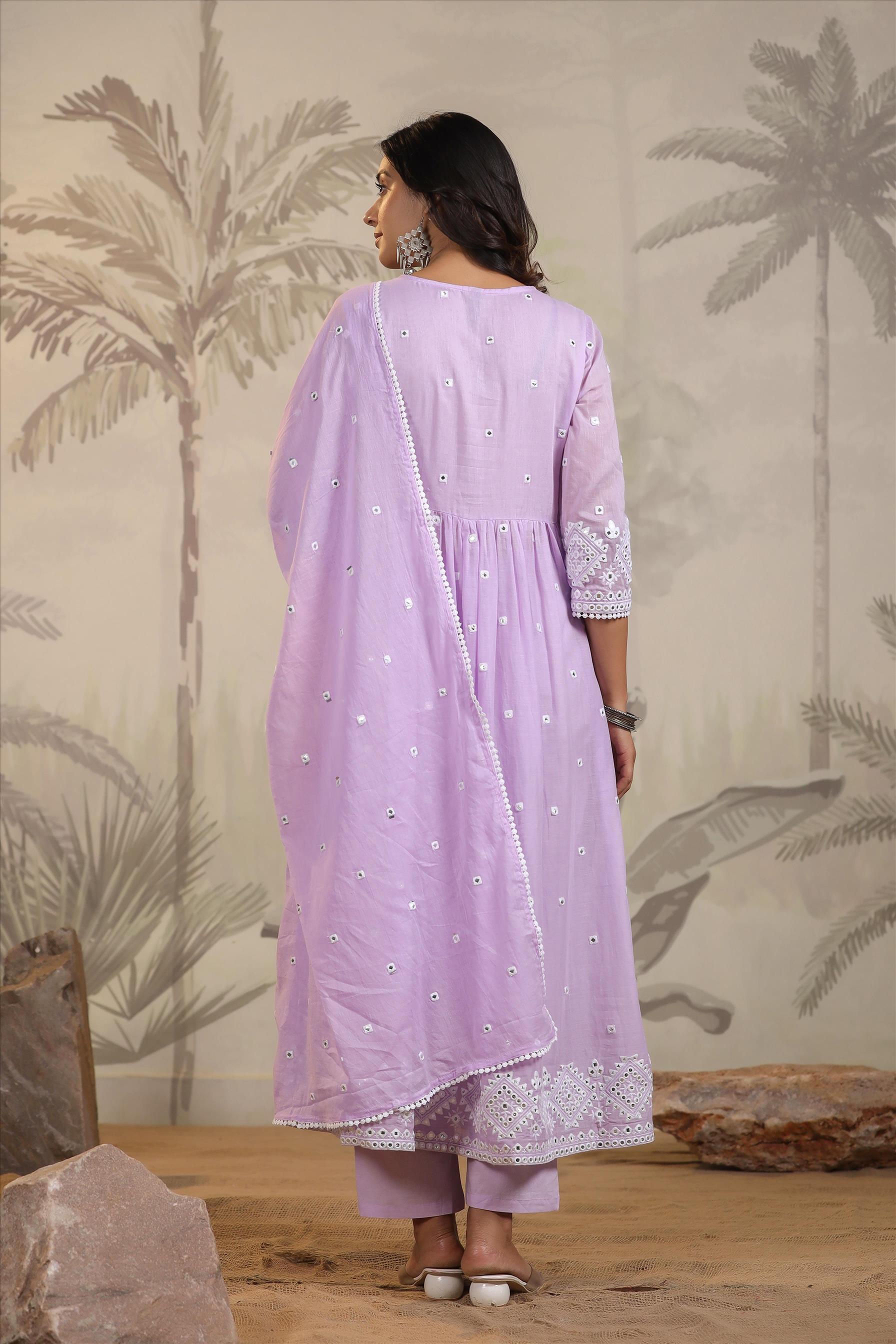 Lavender Mulmul Mirror Embroidered Angrakha Suit Set