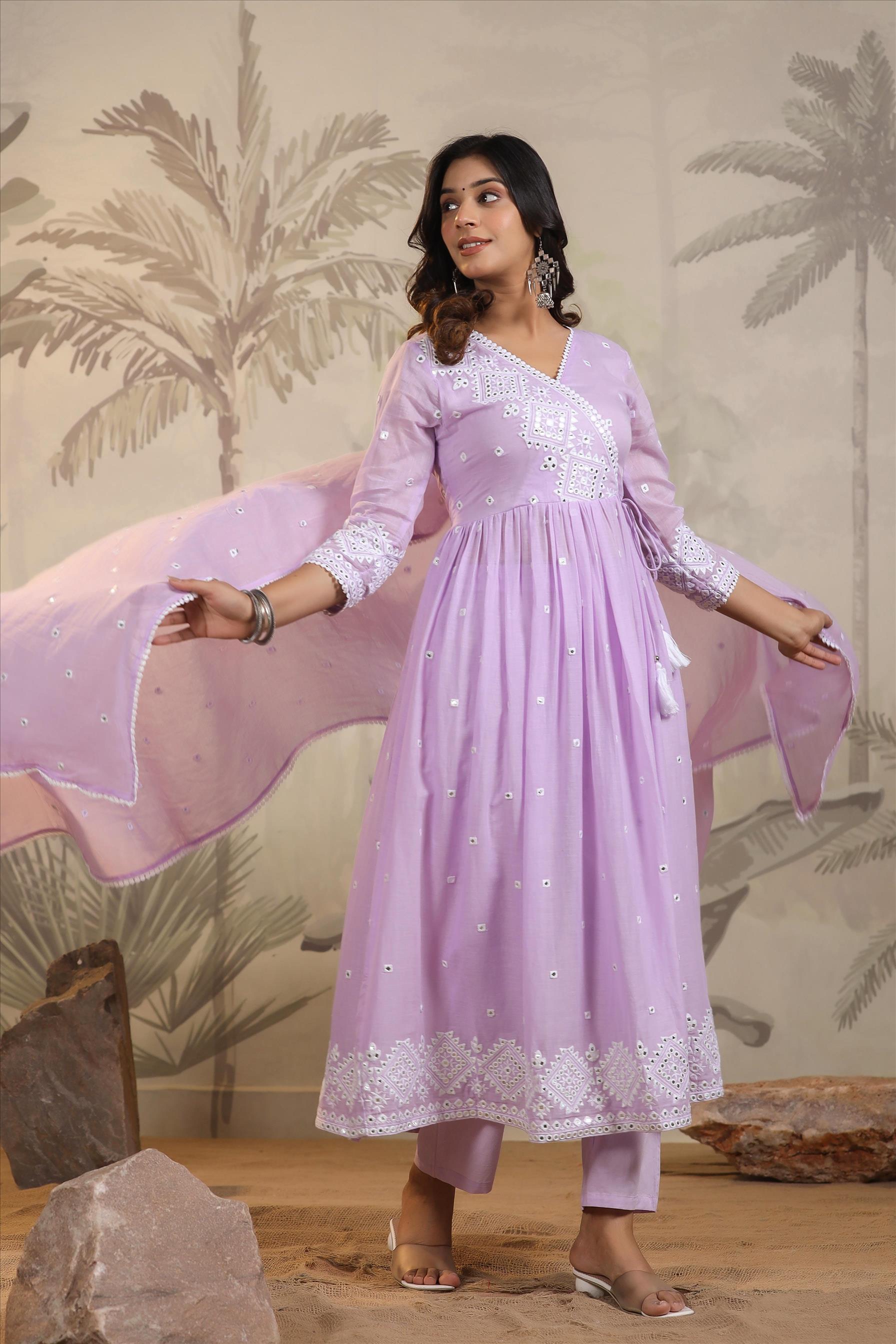 Lavender Mulmul Mirror Embroidered Angrakha Suit Set