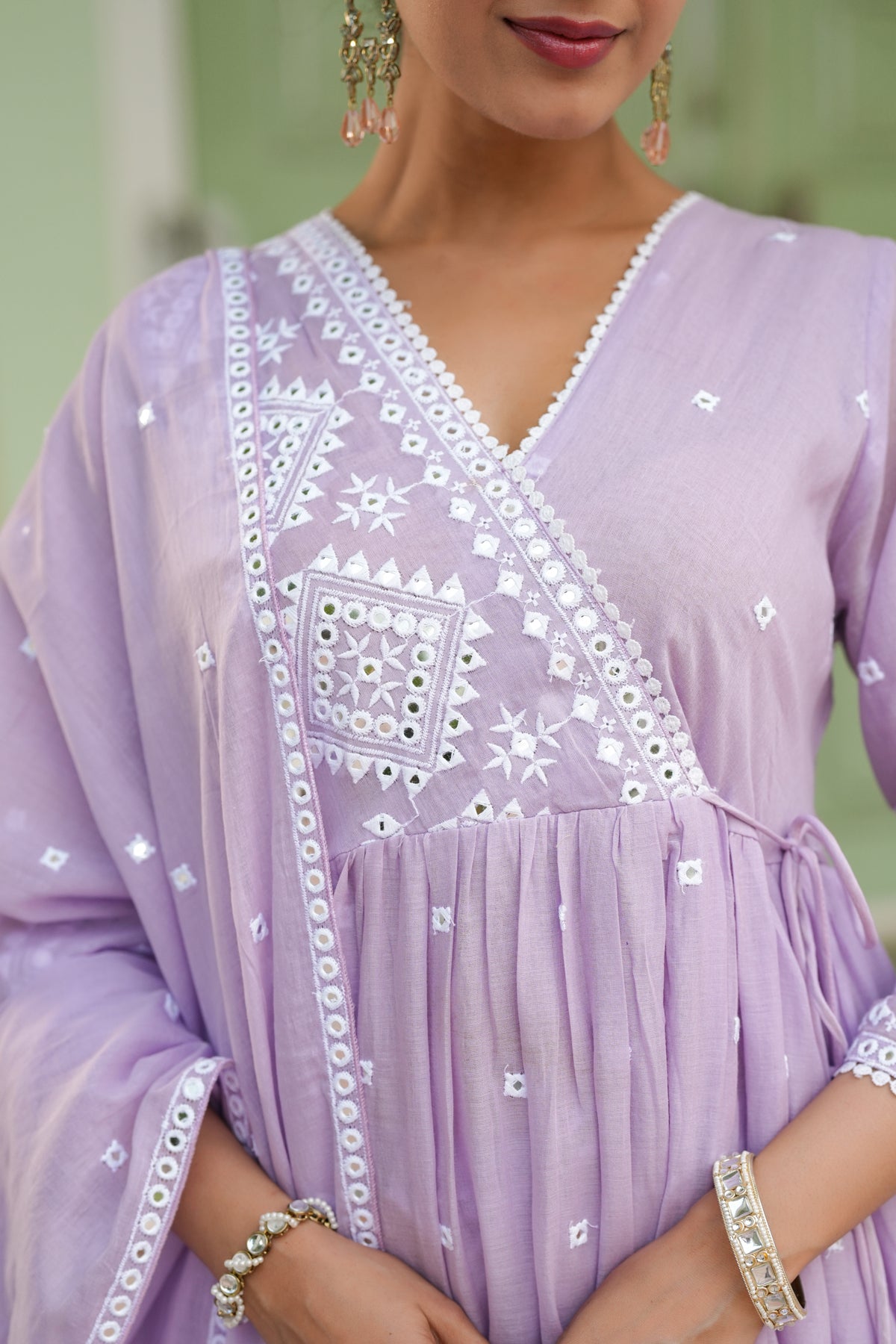 Lavender Mulmul Mirror Embroidered Angrakha Suit Set