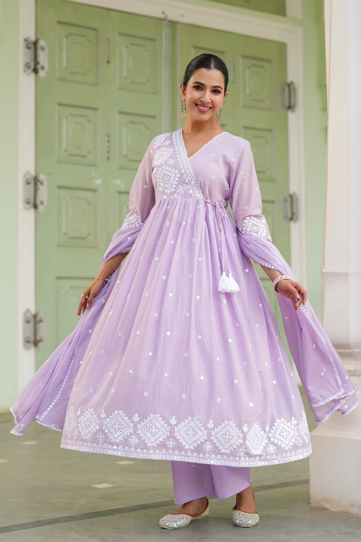 Lavender Mulmul Mirror Embroidered Angrakha Suit Set