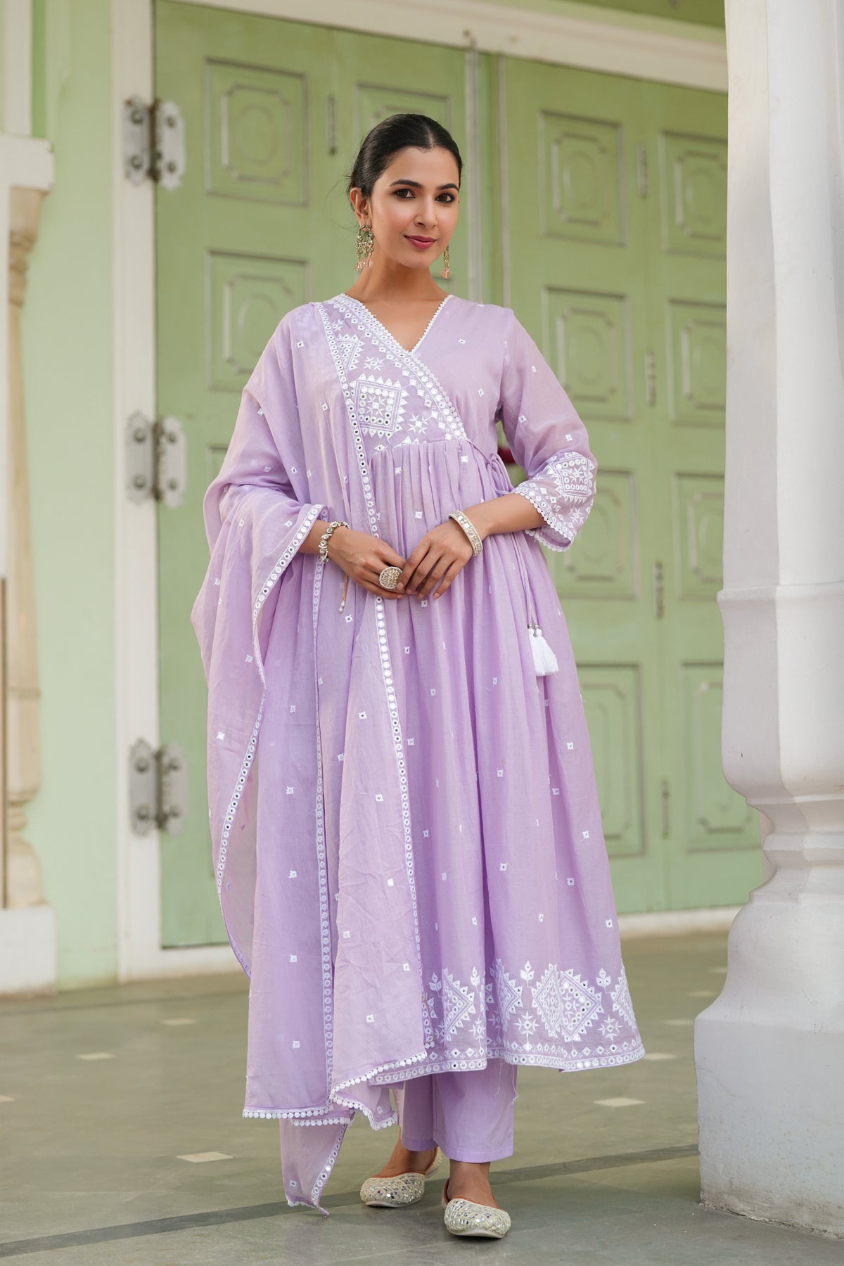 Lavender Mulmul Mirror Embroidered Angrakha Suit Set