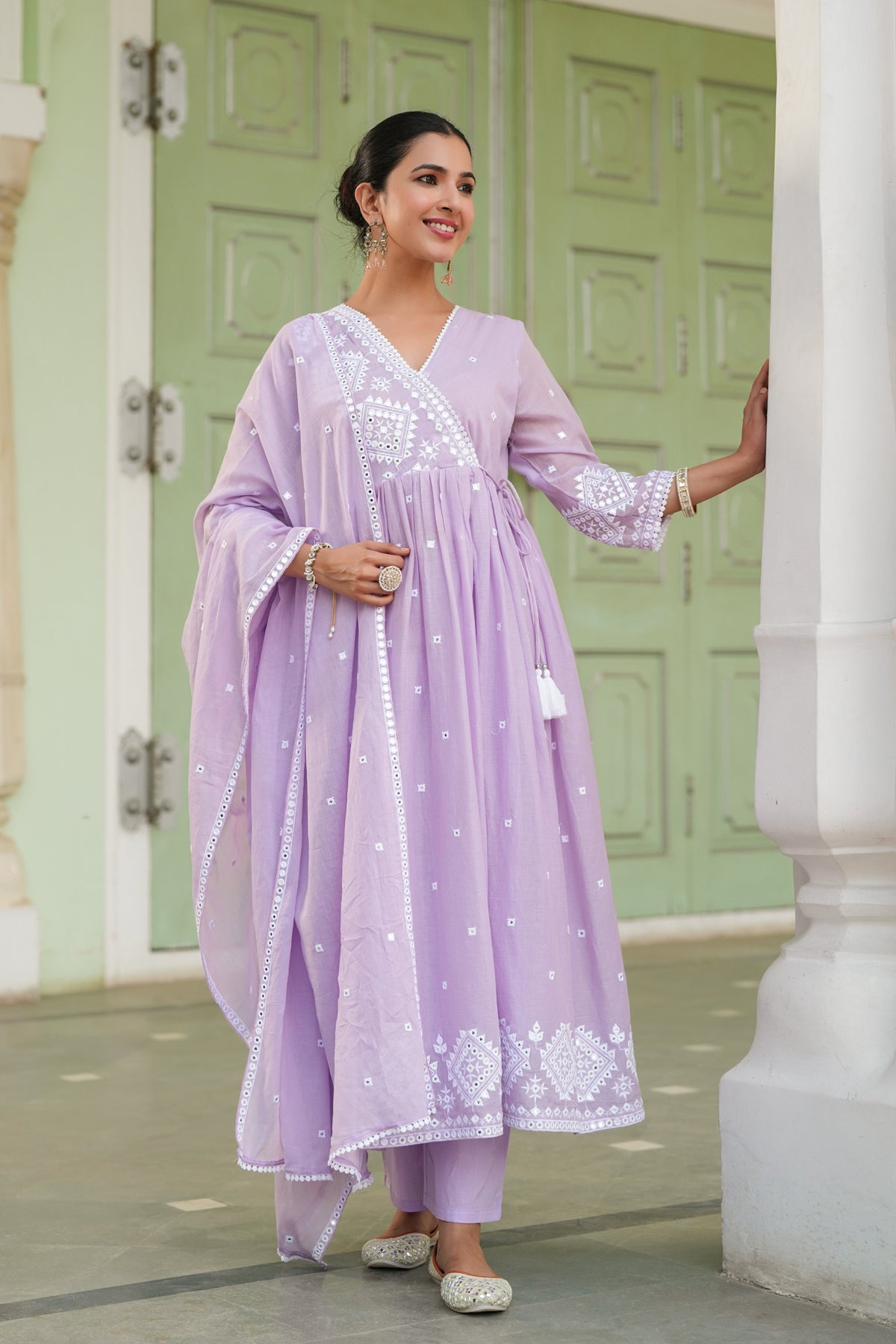 Lavender Mulmul Mirror Embroidered Angrakha Suit Set
