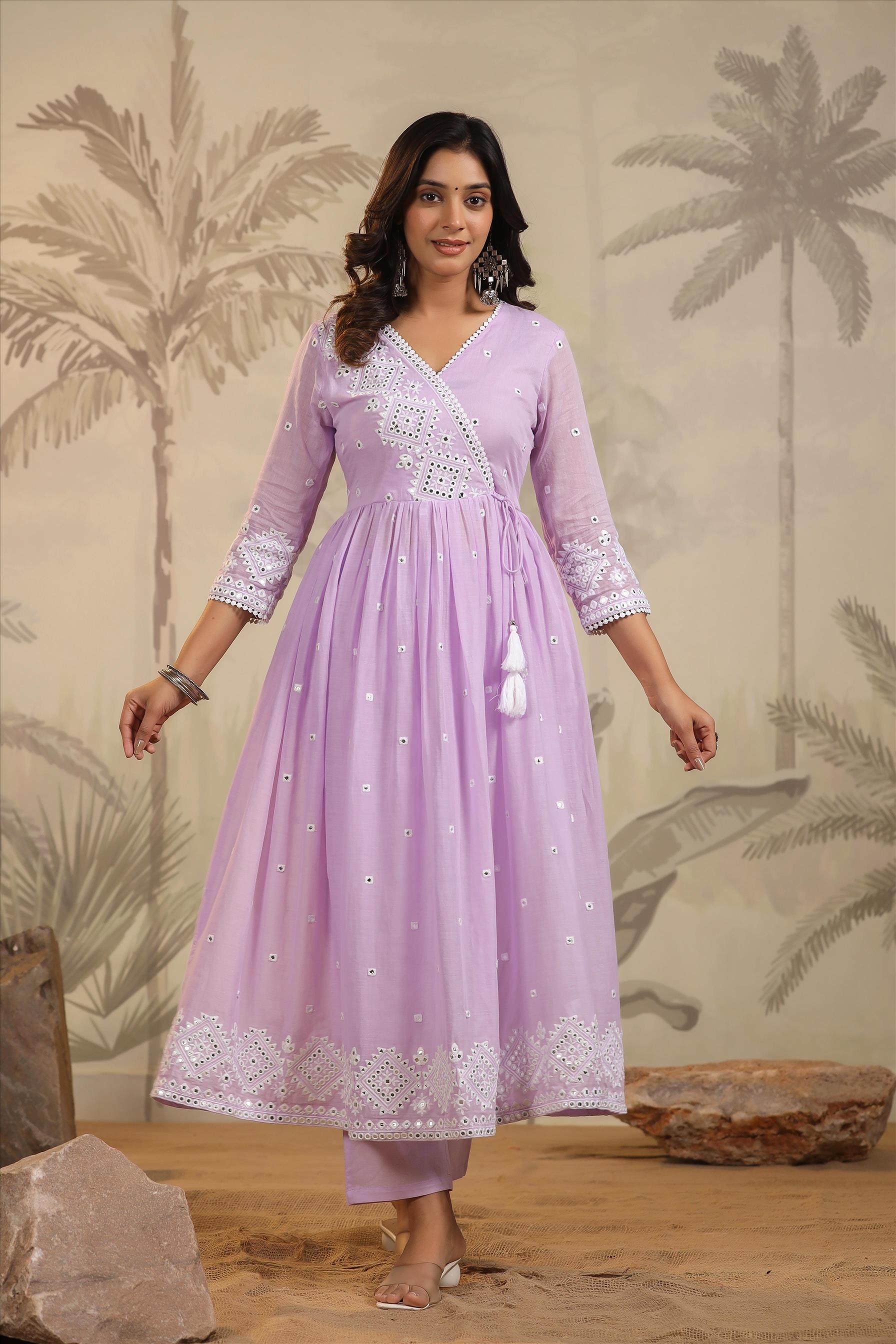 Lavender Mulmul Mirror Embroidered Angrakha Suit Set