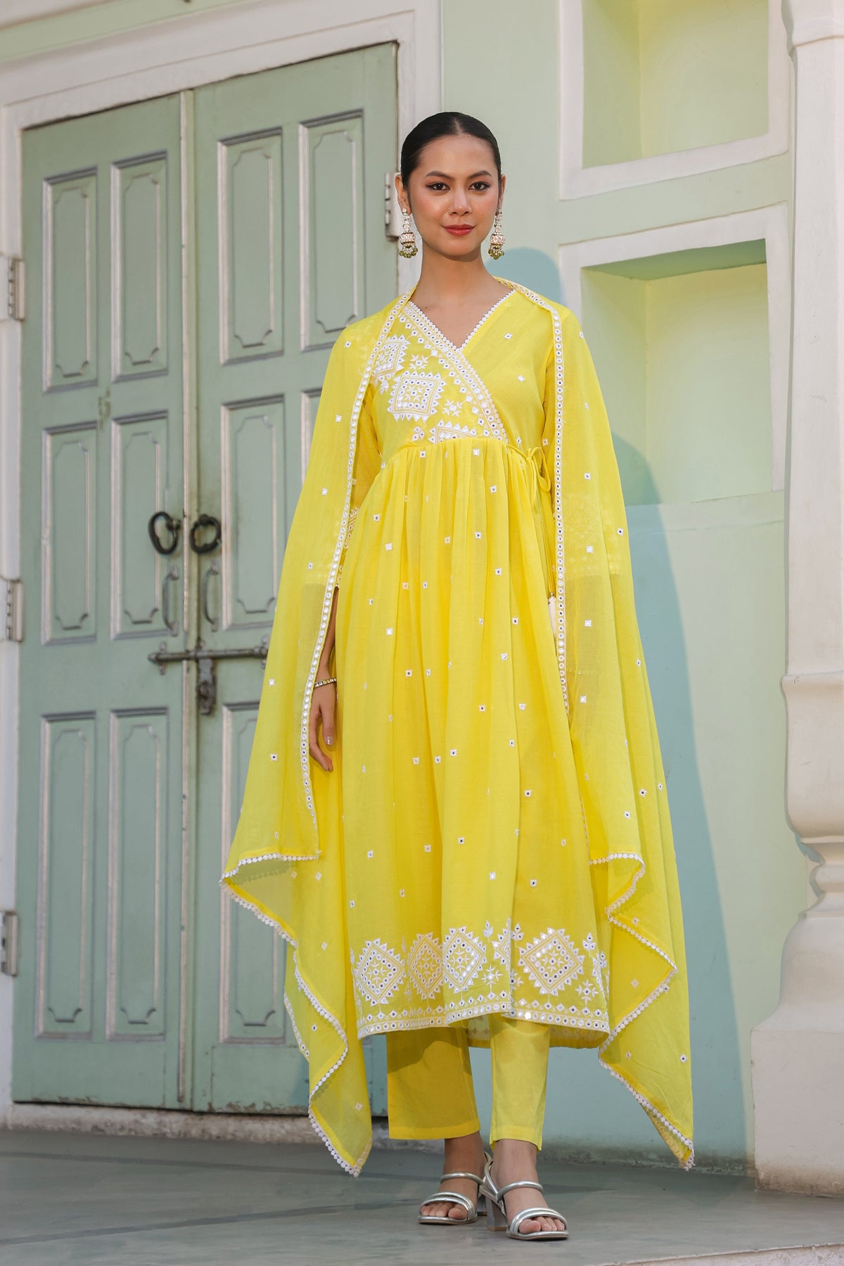 Lemon Mulmul Mirror Embroidered Angrakha Suit Set