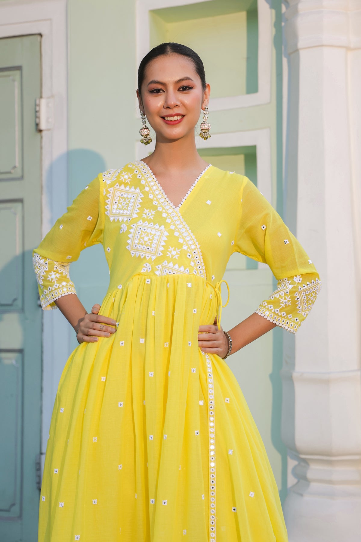 Lemon Mulmul Mirror Embroidered Angrakha Suit Set