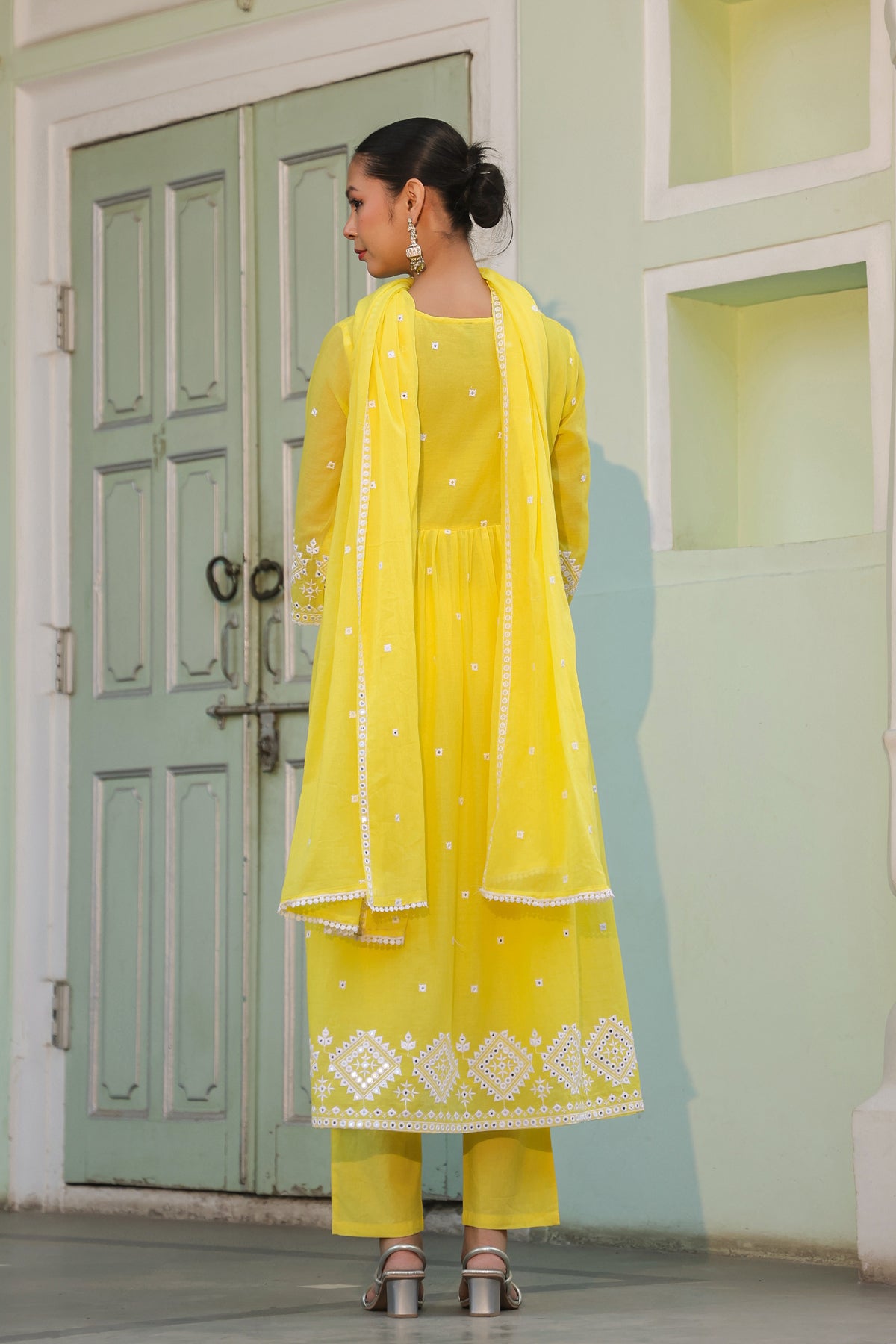 Lemon Mulmul Mirror Embroidered Angrakha Suit Set