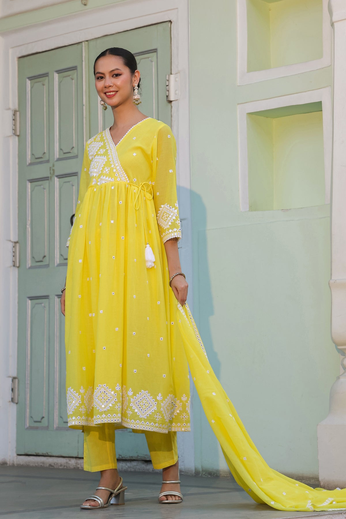 Lemon Mulmul Mirror Embroidered Angrakha Suit Set