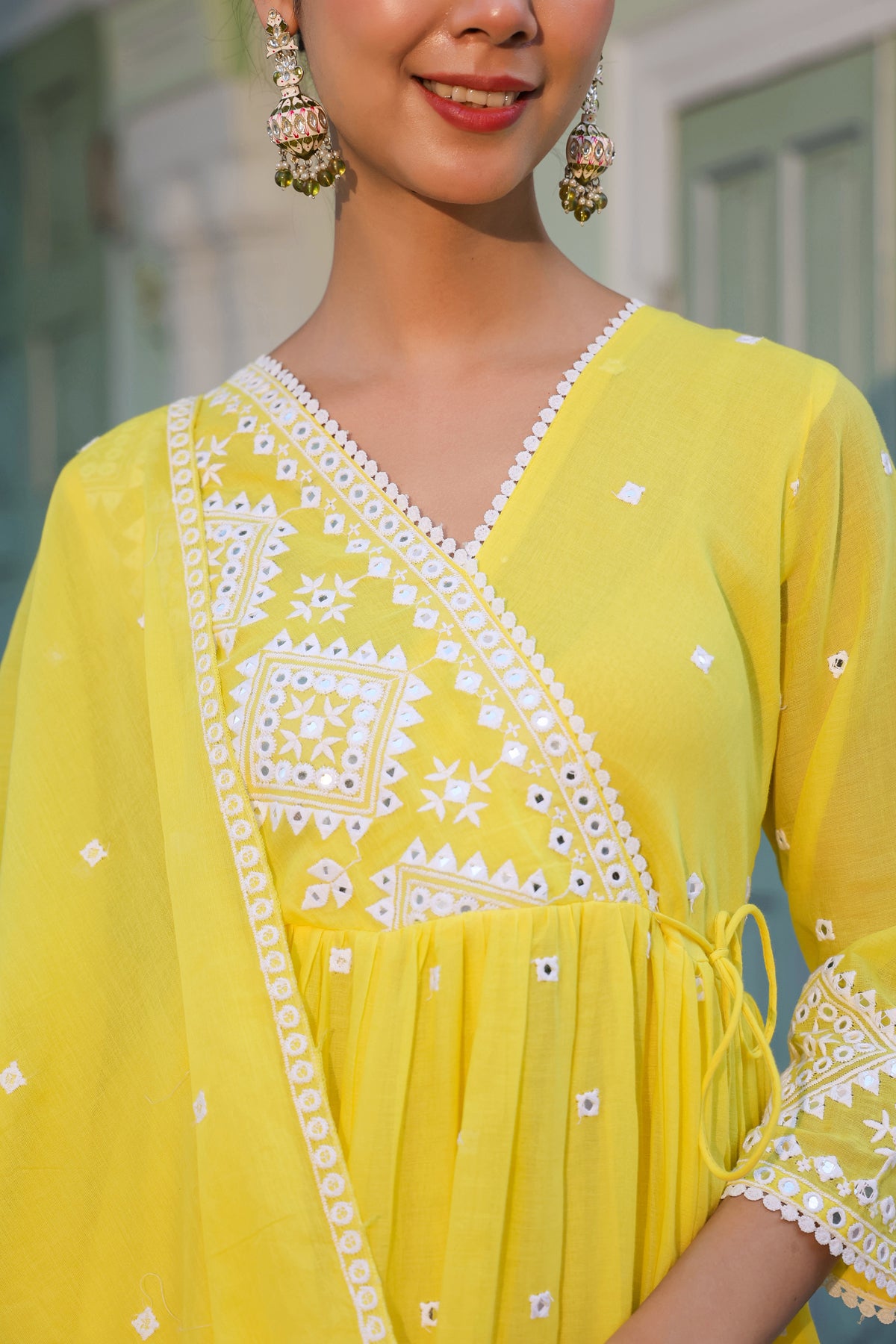 Lemon Mulmul Mirror Embroidered Angrakha Suit Set