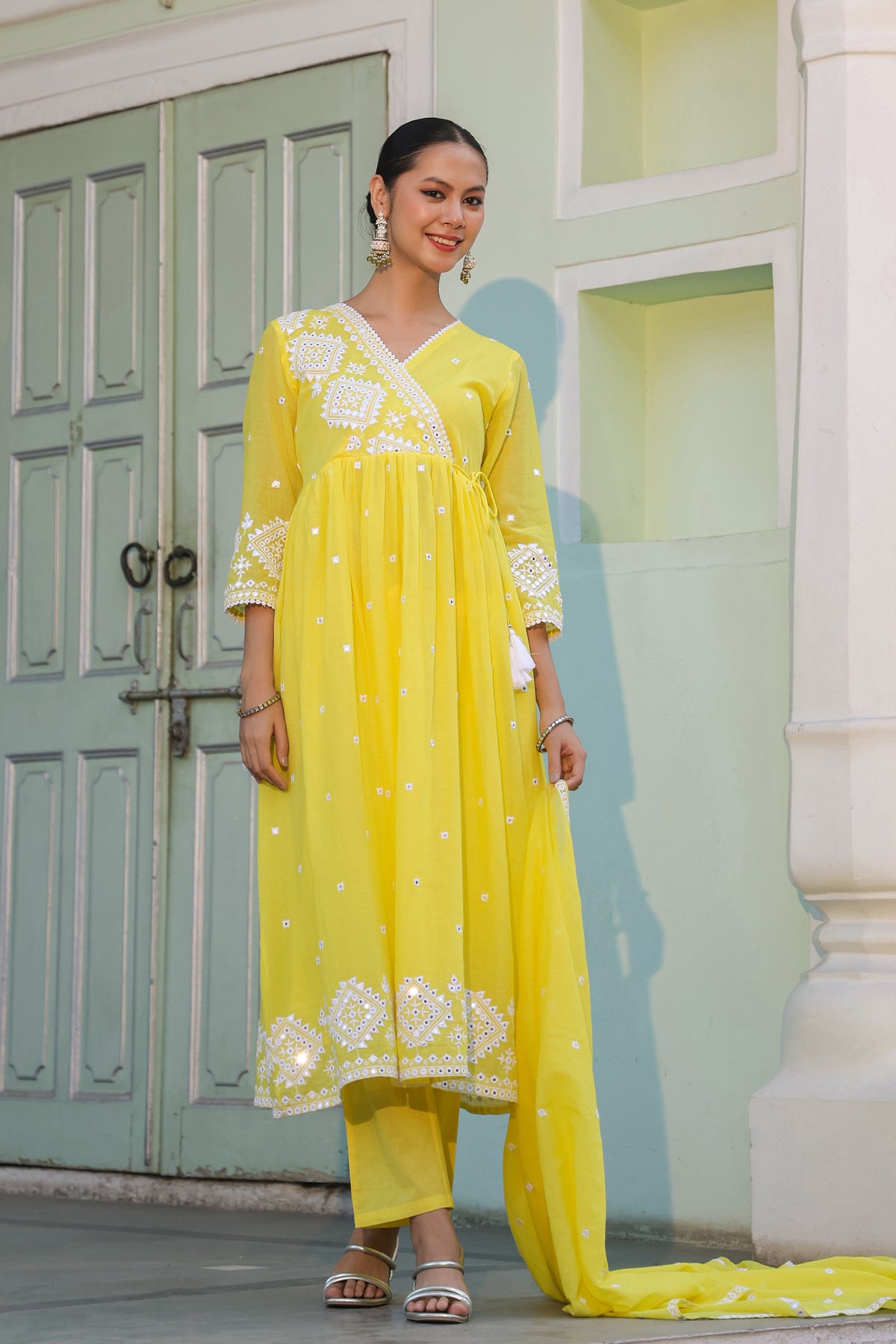 Lemon Mulmul Mirror Embroidered Angrakha Suit Set
