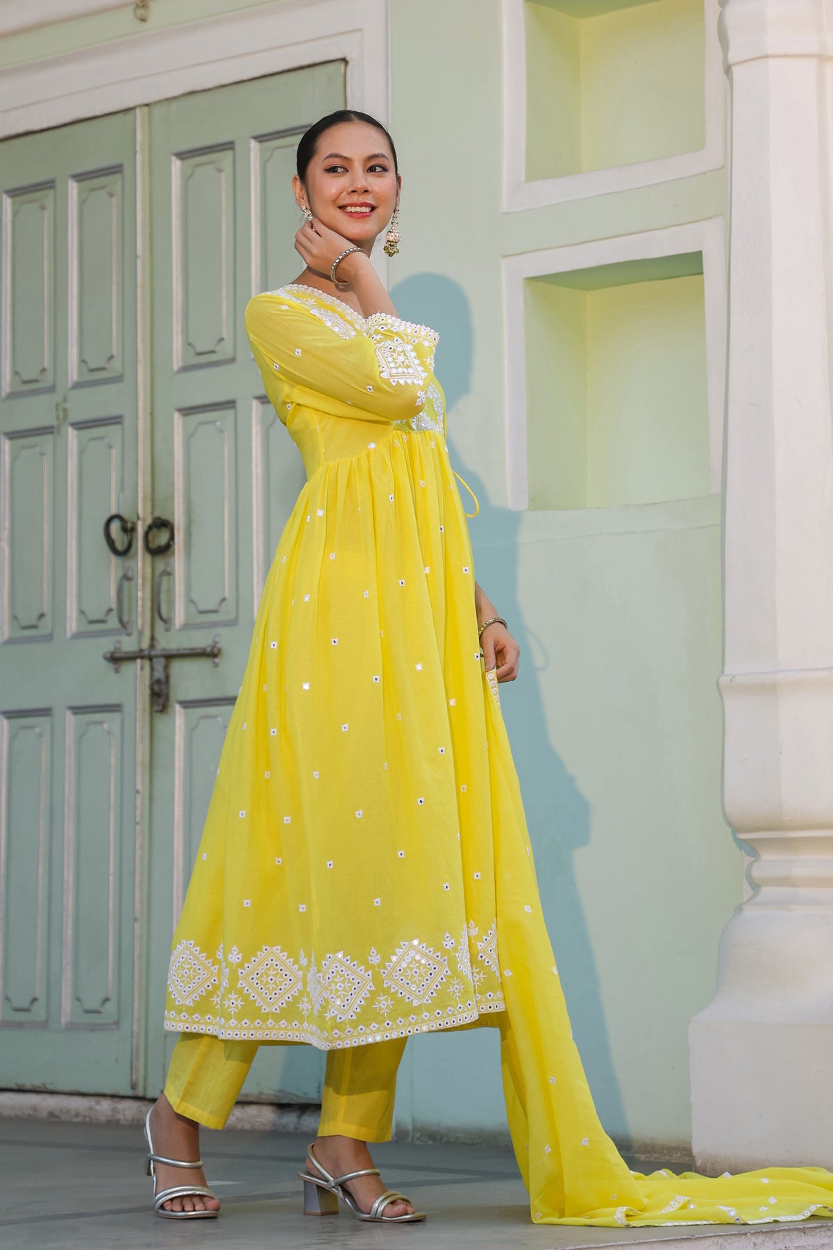 Lemon Mulmul Mirror Embroidered Angrakha Suit Set