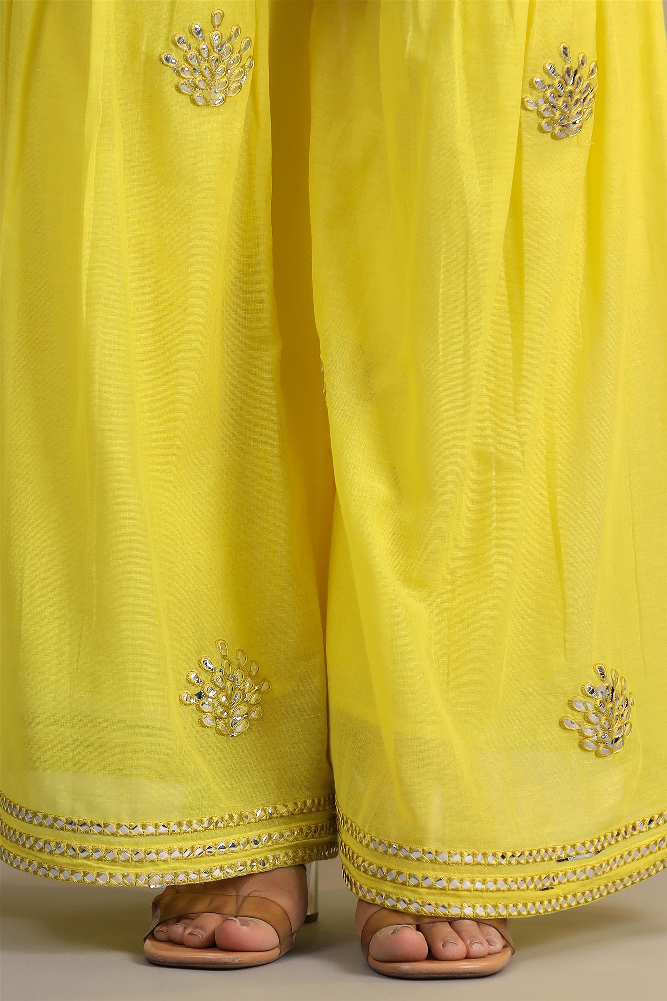 Yellow Mulmul Mirror Embroidered Sharara Set