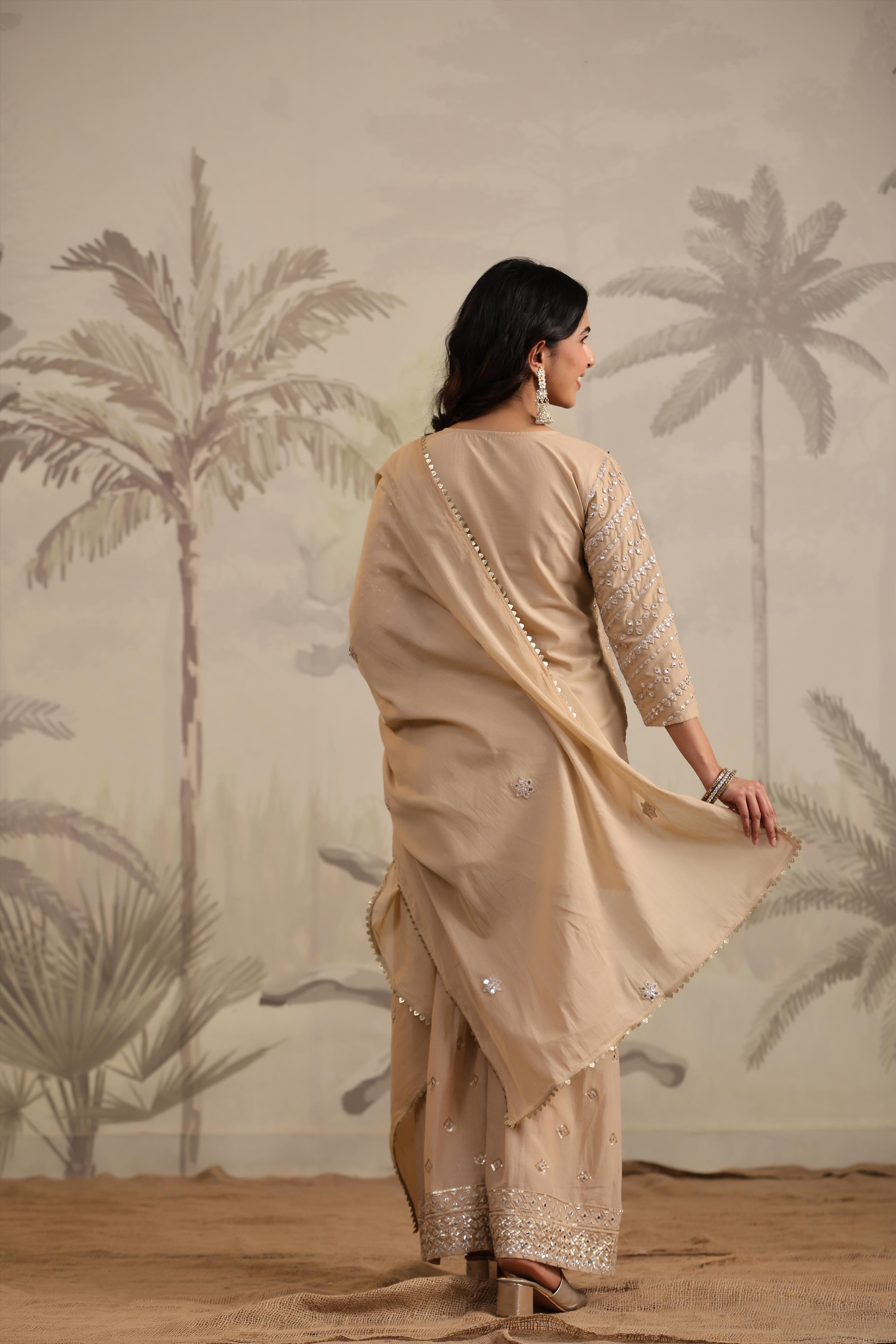 Beige Cotton Mirror And Sequin Embroidered Kurta-Sharara & Dupatta Set