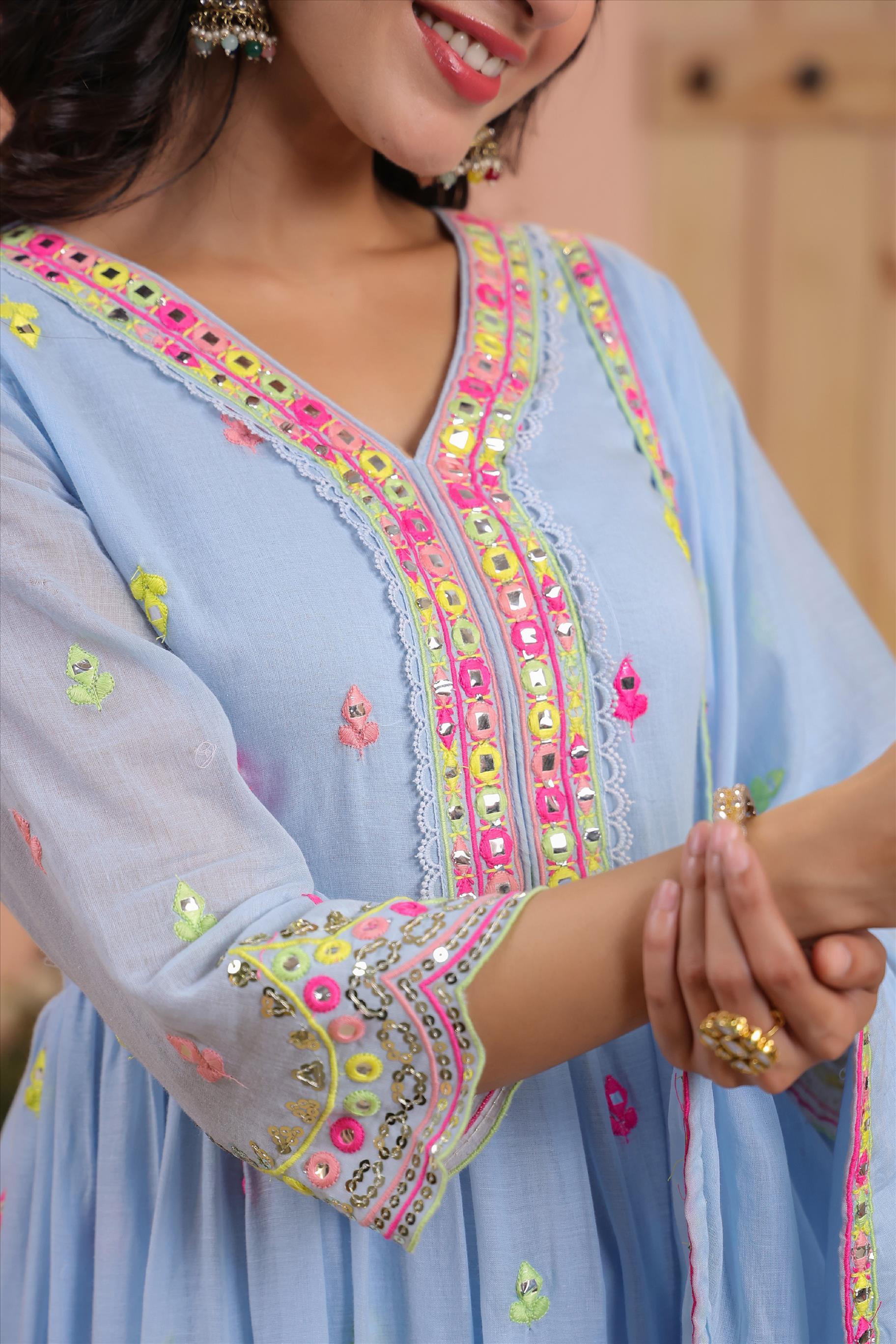 Powder Blue Mulmul Multicoloured Mirror And Sequin Embroidered Anarkali Suit Set