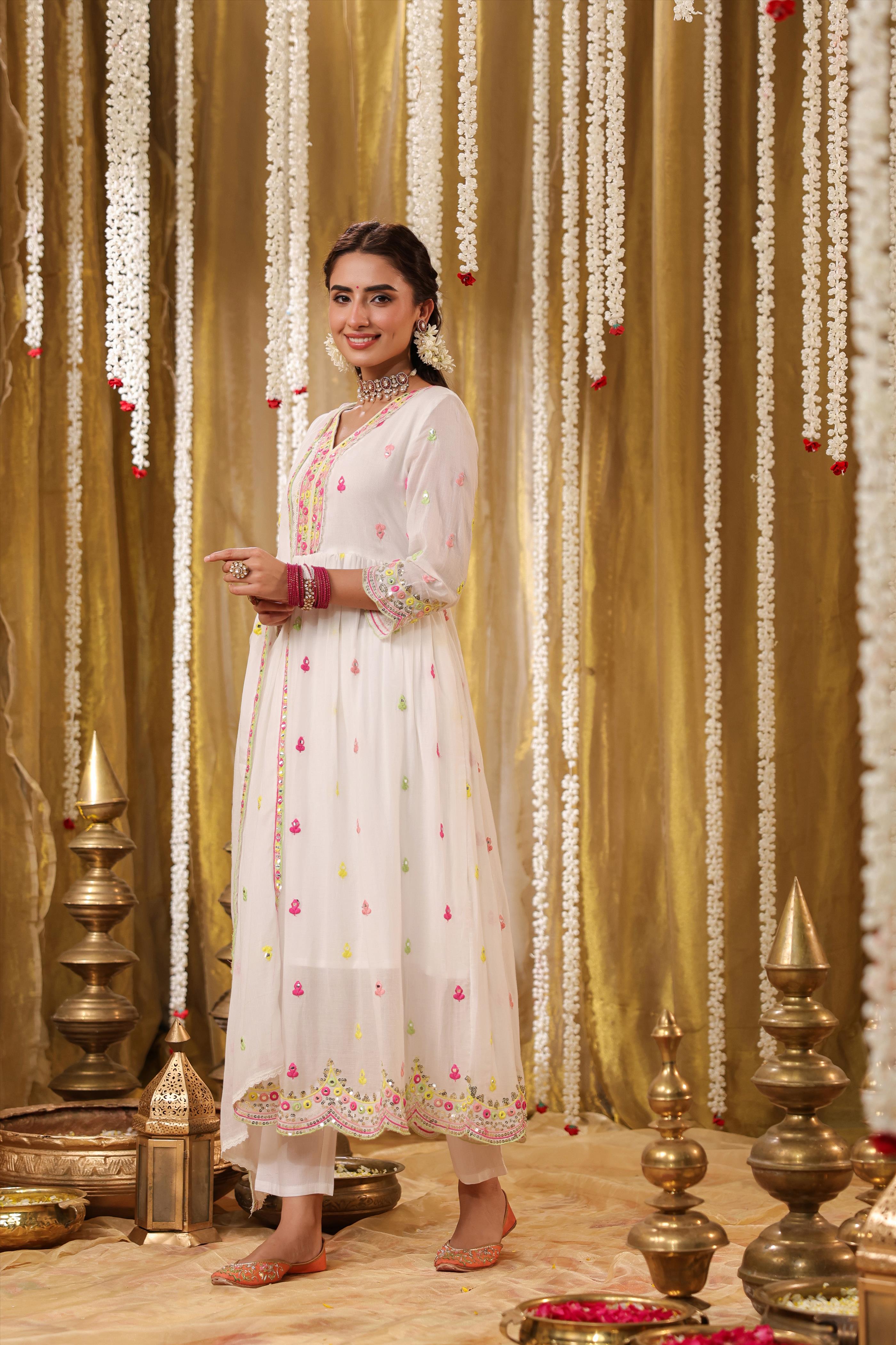 White Mulmul Multicoloured Mirror And Sequin Embroidered Anarkali Suit Set