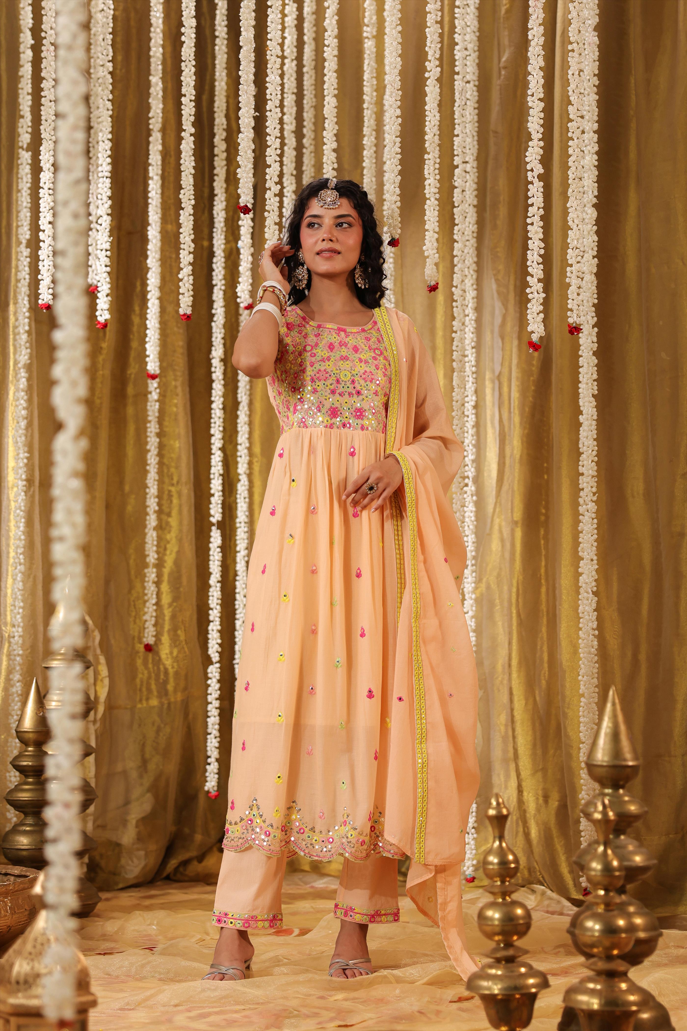 Peach Mulmul Multicolour Mirror And Sequin Embroidered Sleeveless Gathered Suit Set