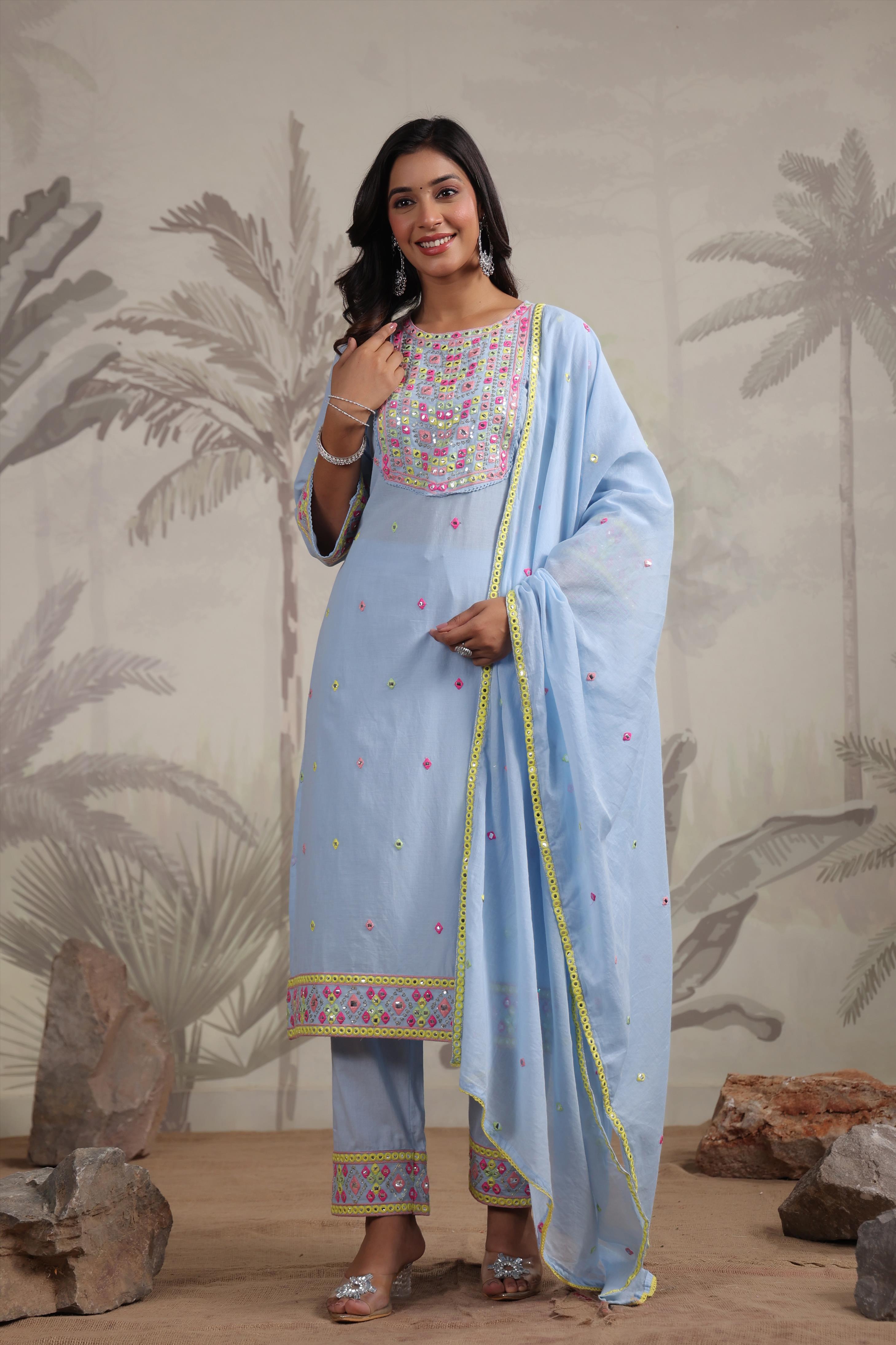 Powder Blue Cotton Multicolour Mirror And Sequin Embroidered Kurta Set