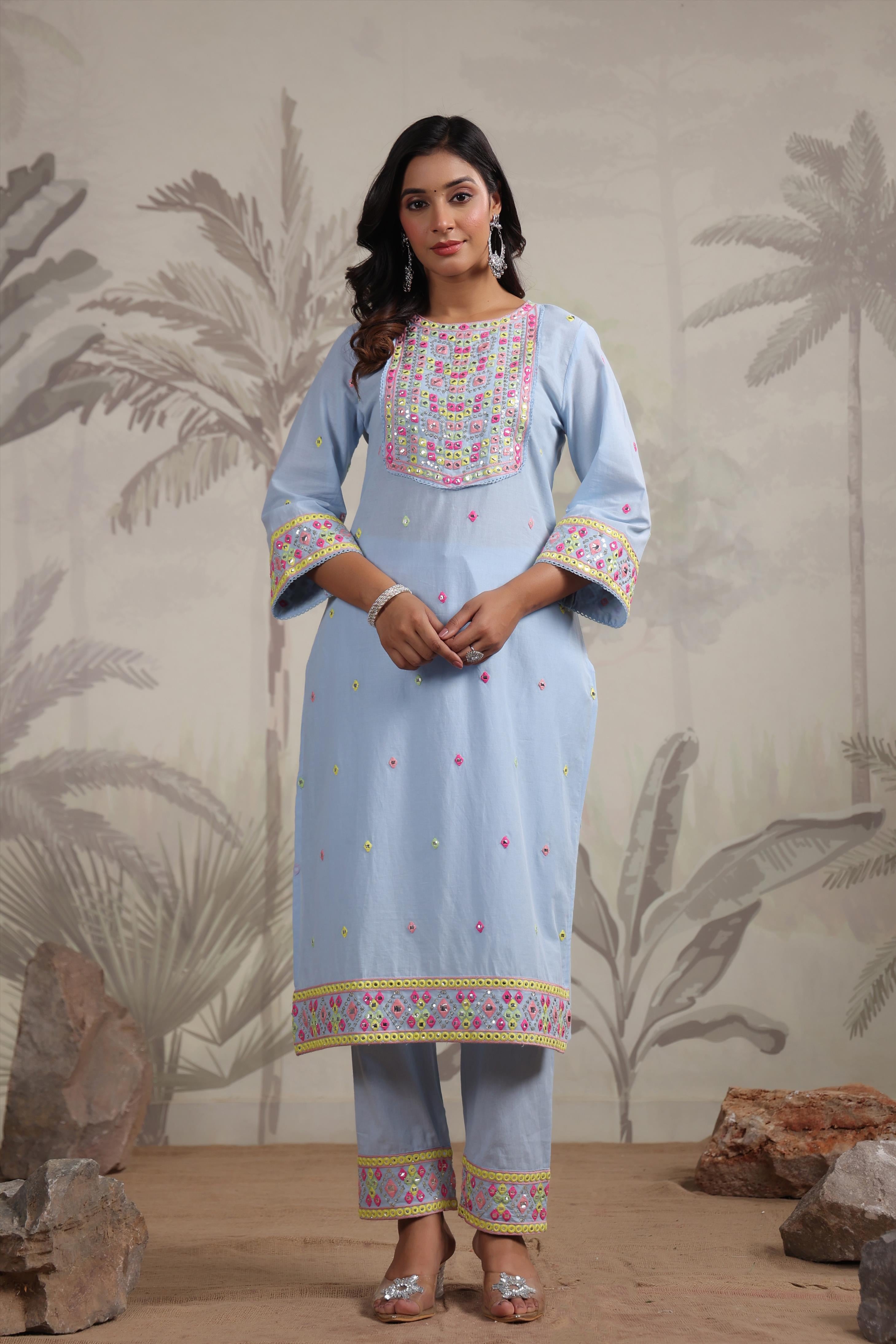 Powder Blue Cotton Multicolour Mirror And Sequin Embroidered Kurta Set