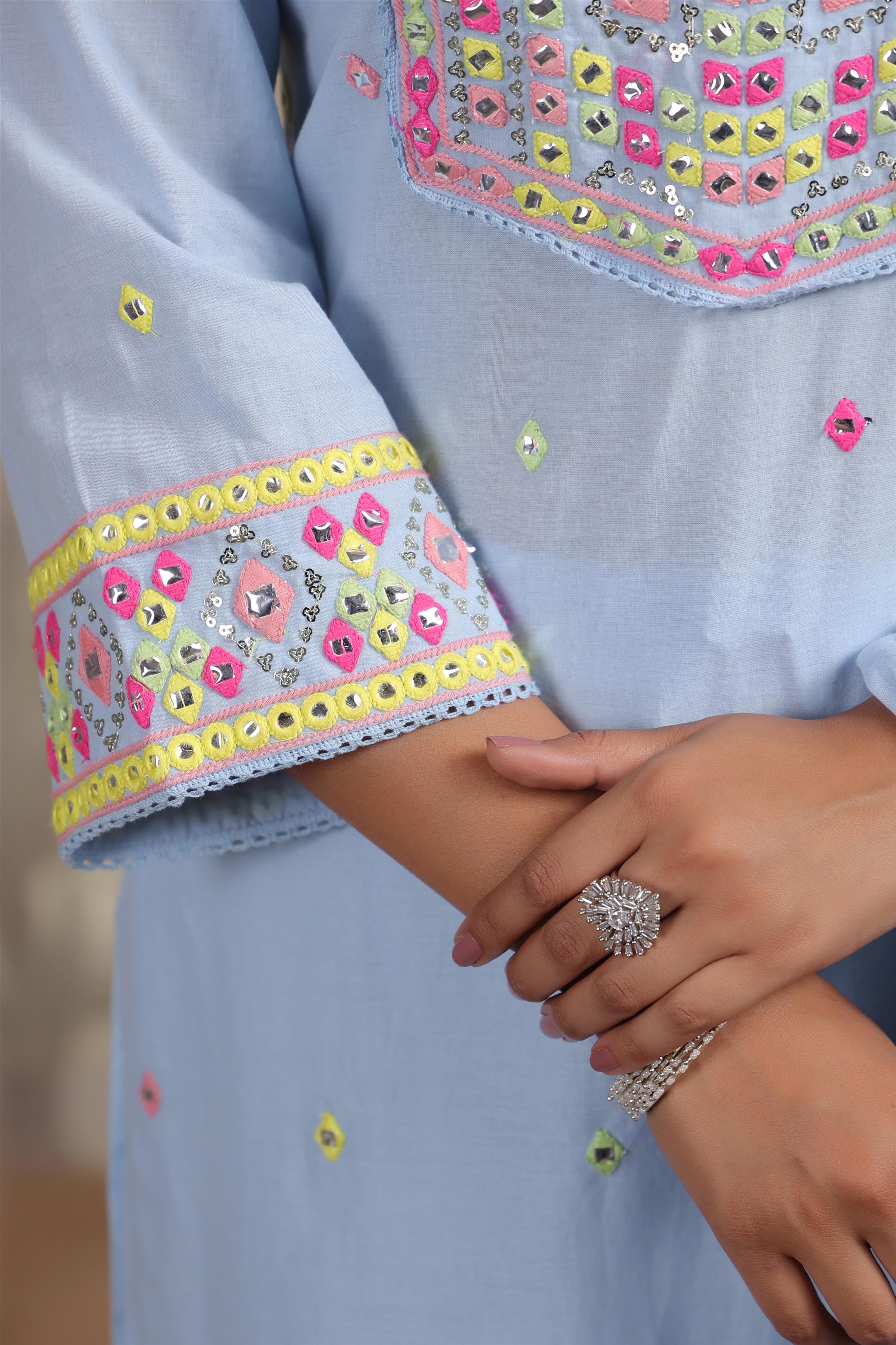 Powder Blue Cotton Multicolour Mirror And Sequin Embroidered Kurta Set