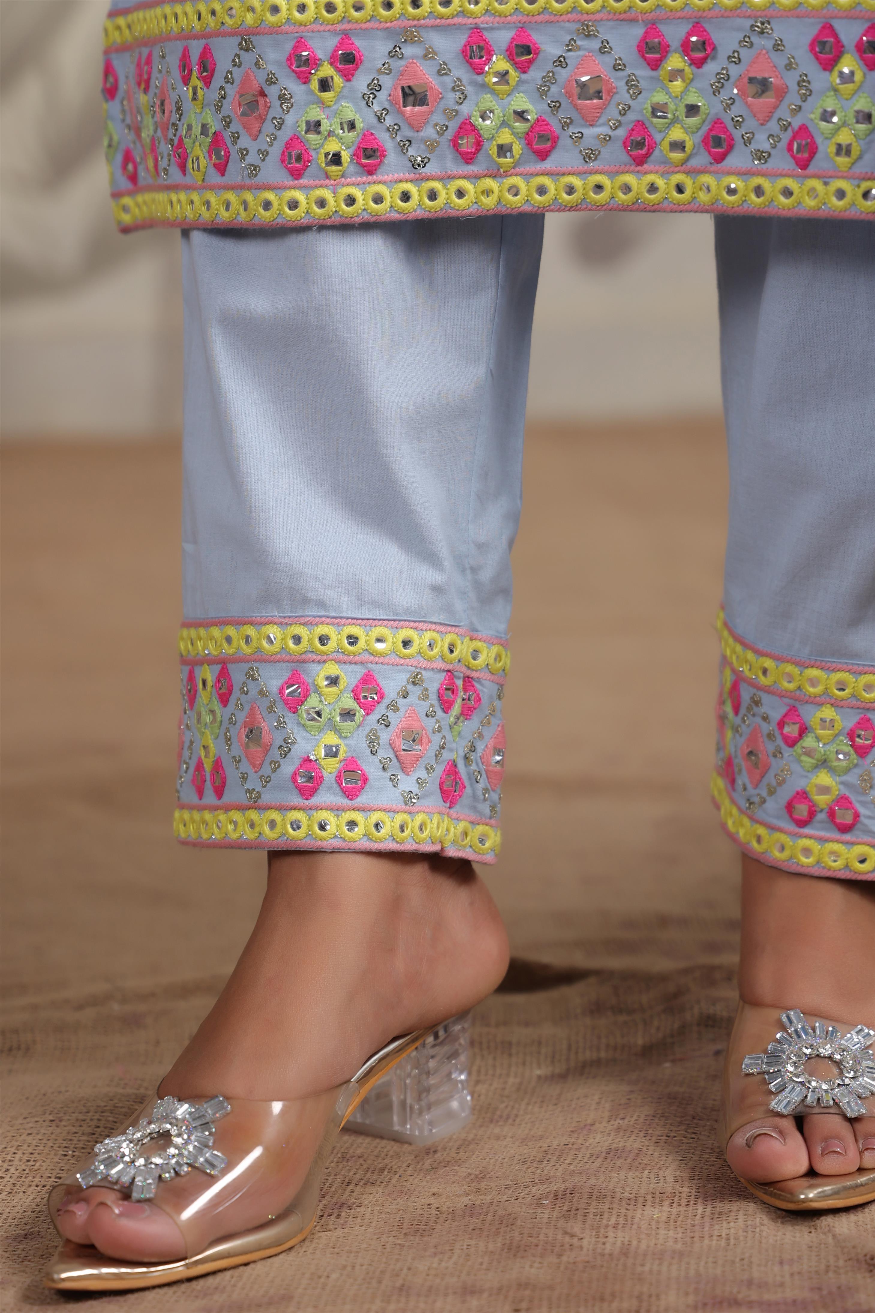 Powder Blue Cotton Multicolour Mirror And Sequin Embroidered Kurta Set