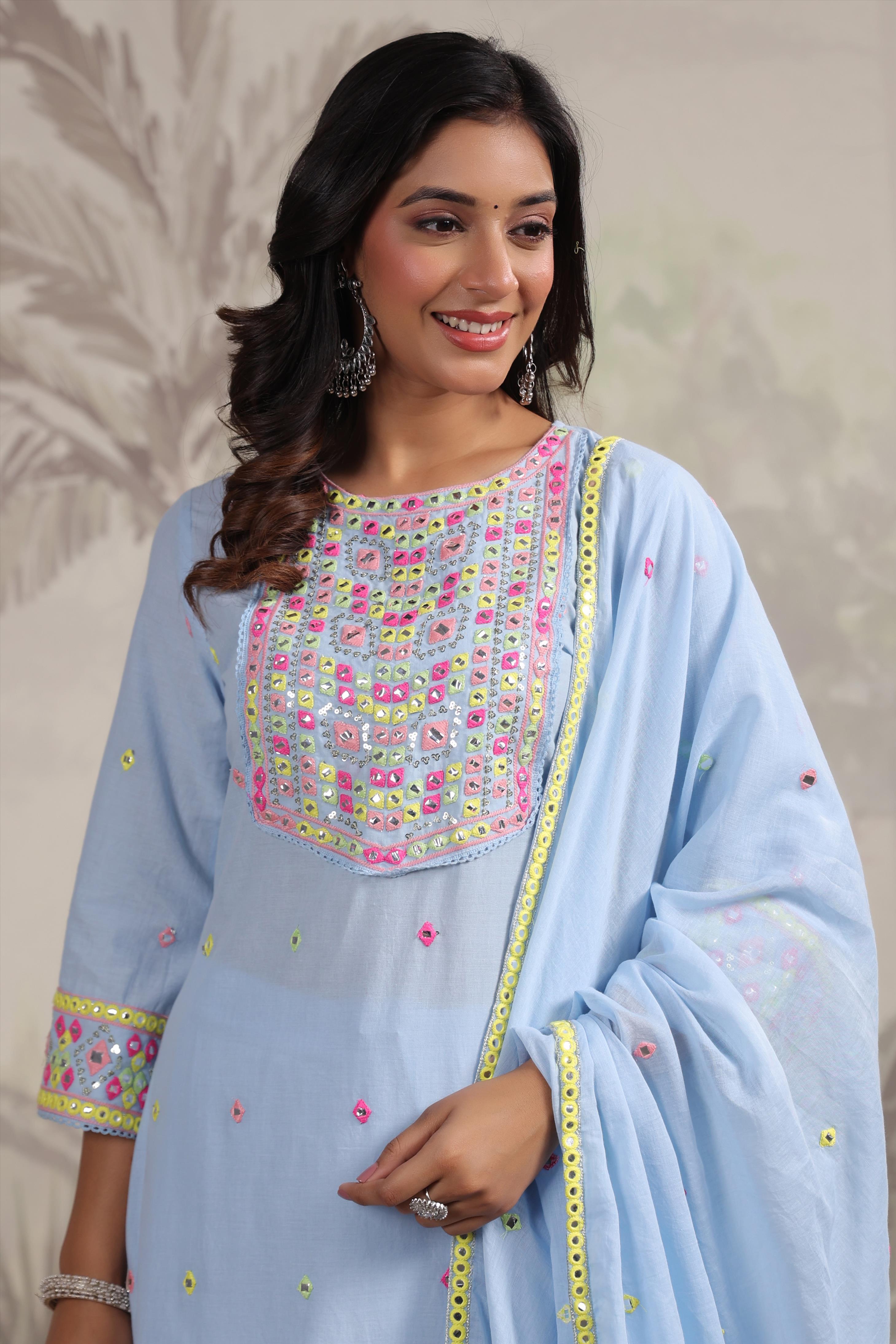 Powder Blue Cotton Multicolour Mirror And Sequin Embroidered Kurta Set