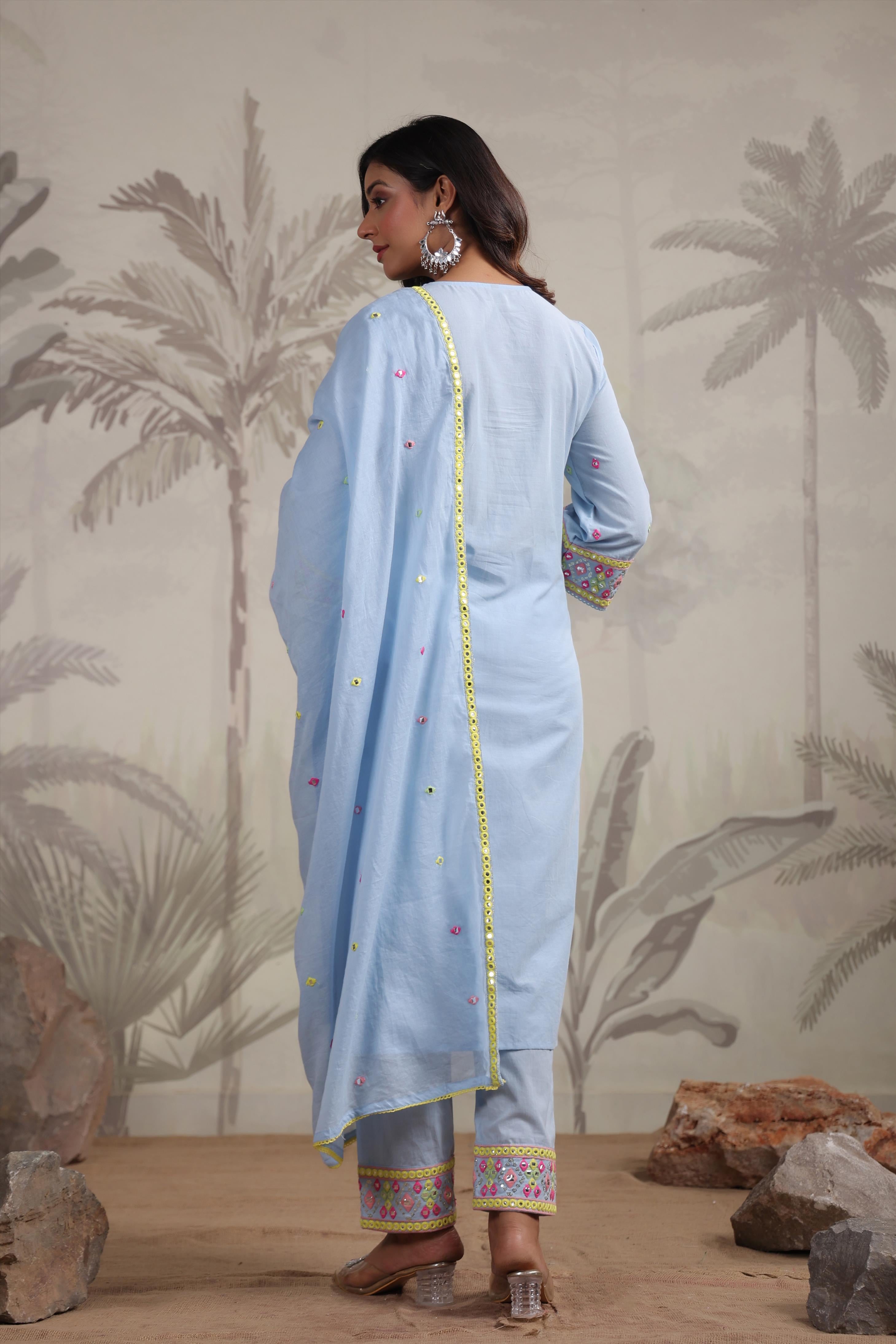 Powder Blue Cotton Multicolour Mirror And Sequin Embroidered Kurta Set