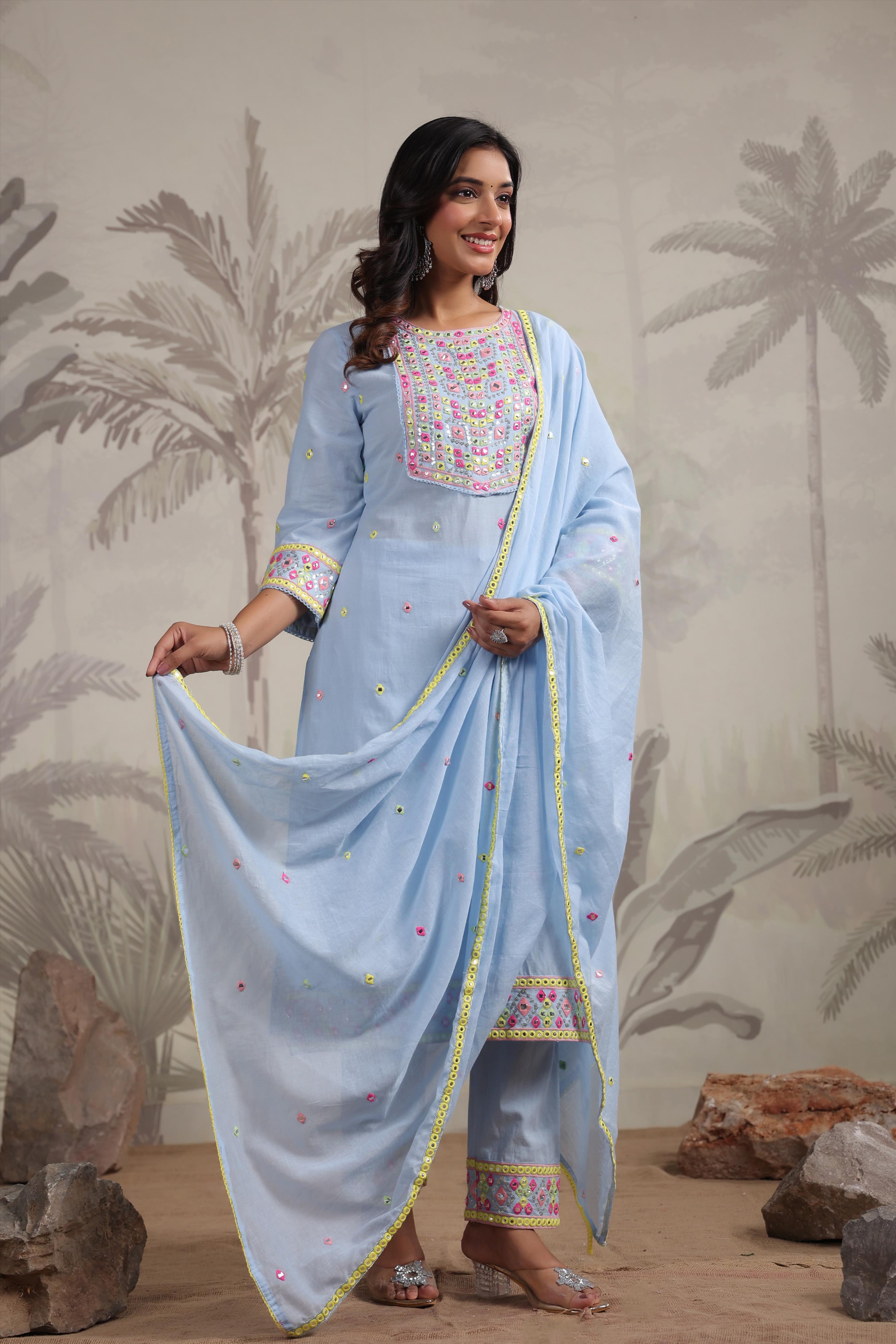 Powder Blue Cotton Multicolour Mirror And Sequin Embroidered Kurta Set