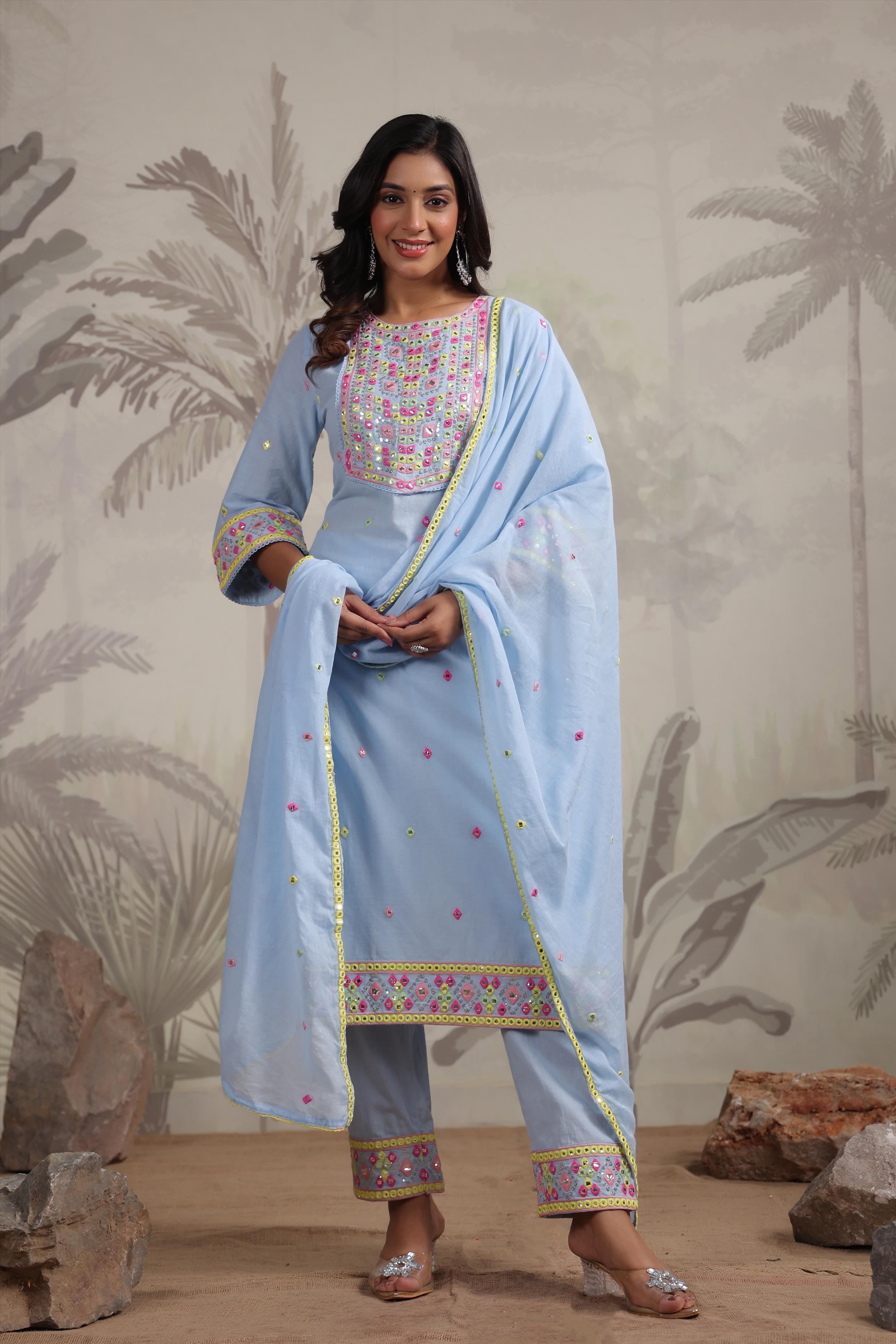 Powder Blue Cotton Multicolour Mirror And Sequin Embroidered Kurta Set