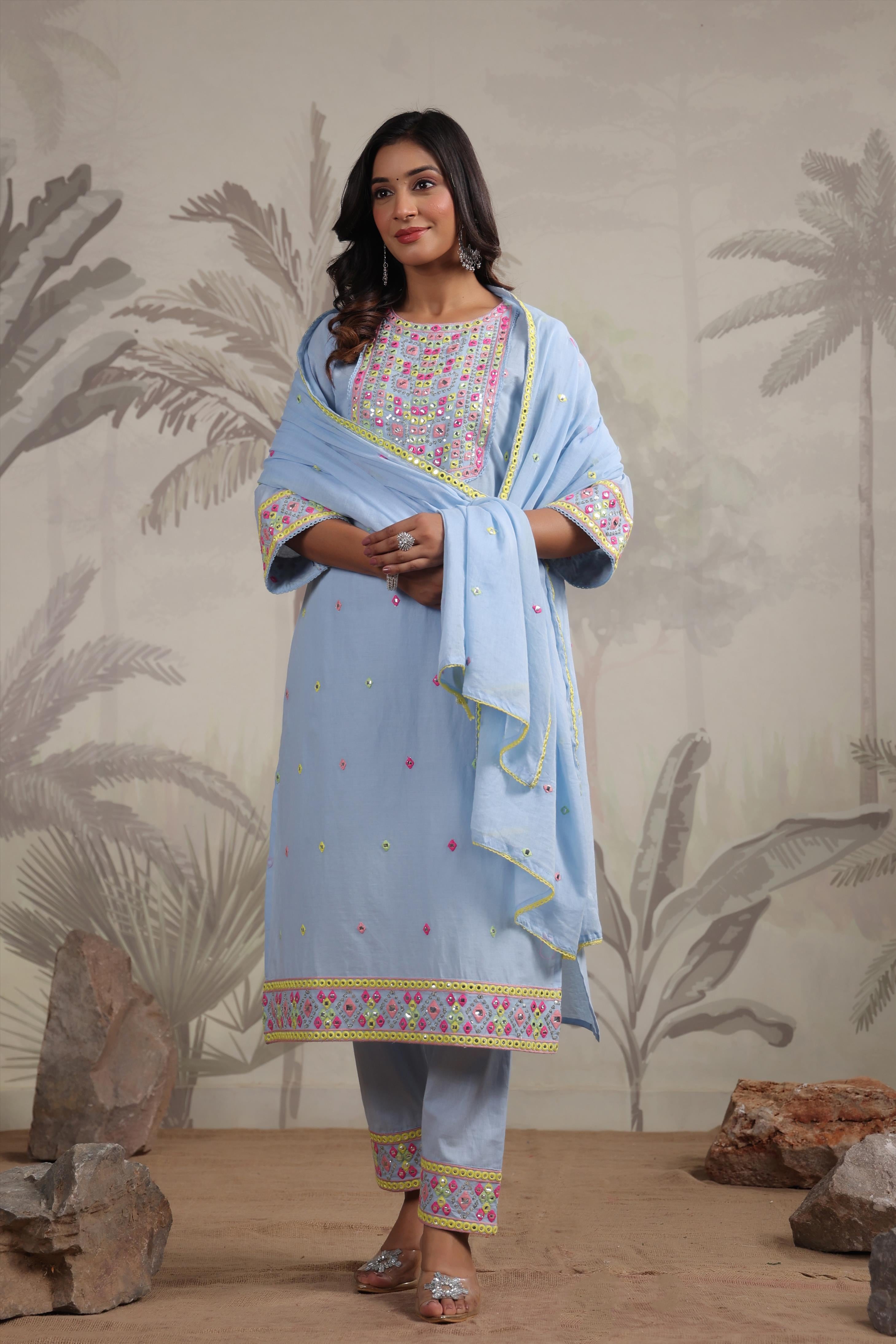 Powder Blue Cotton Multicolour Mirror And Sequin Embroidered Kurta Set