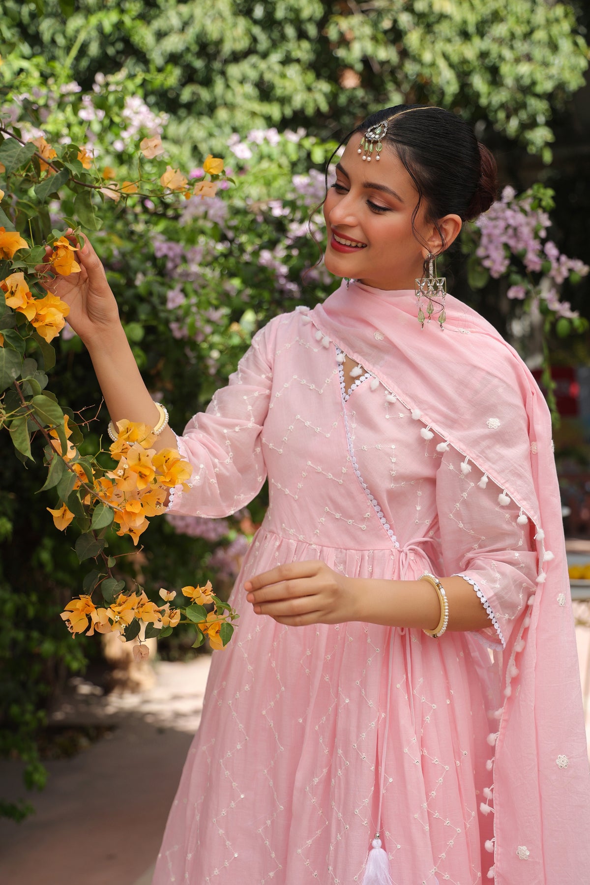 Pink Mulmul Sequin Embroidered Angrakha Suit Set