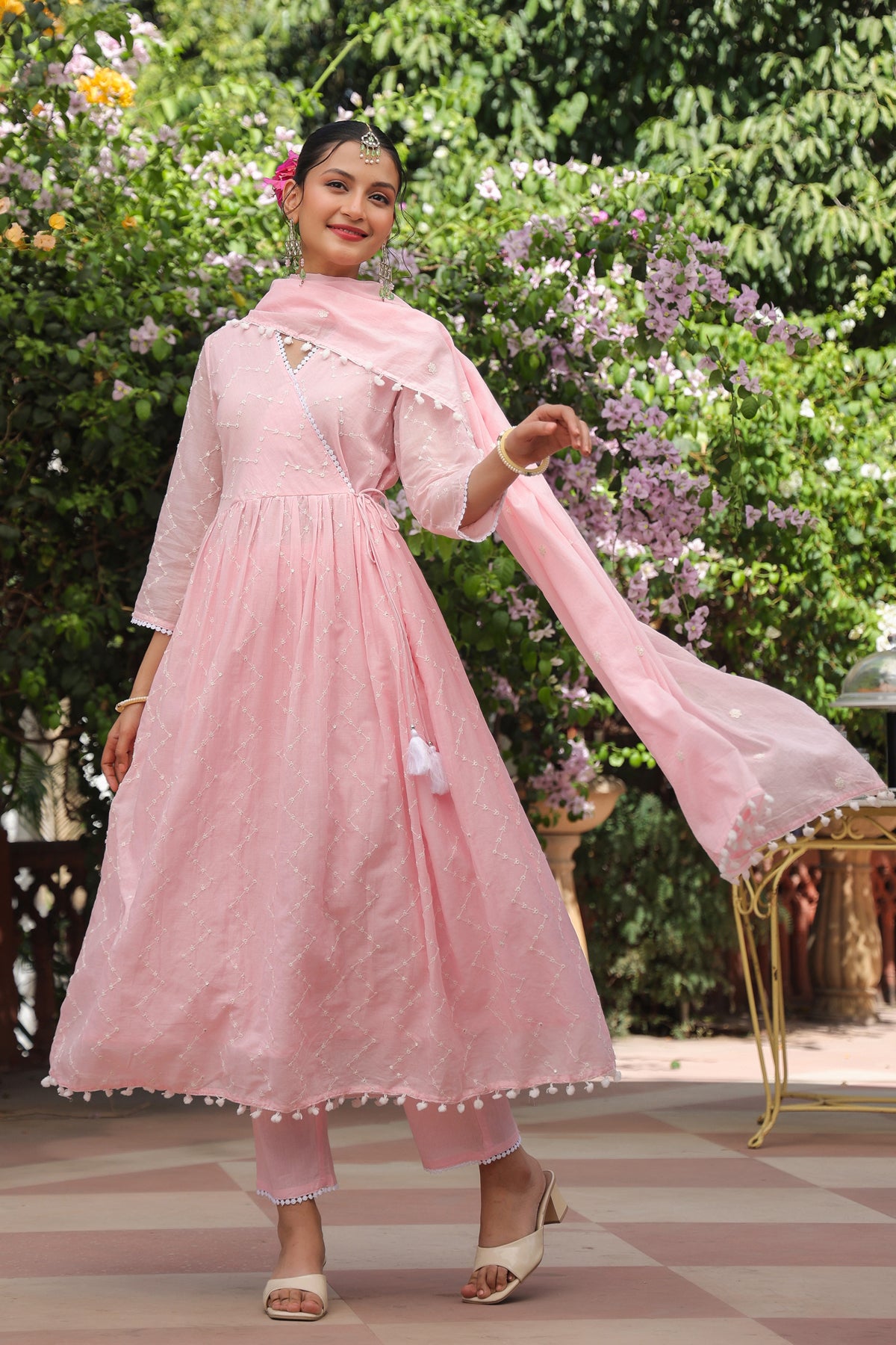 Pink Mulmul Sequin Embroidered Angrakha Suit Set