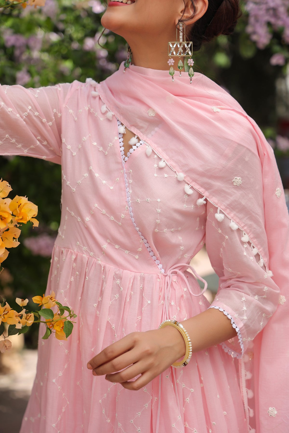 Pink Mulmul Sequin Embroidered Angrakha Suit Set
